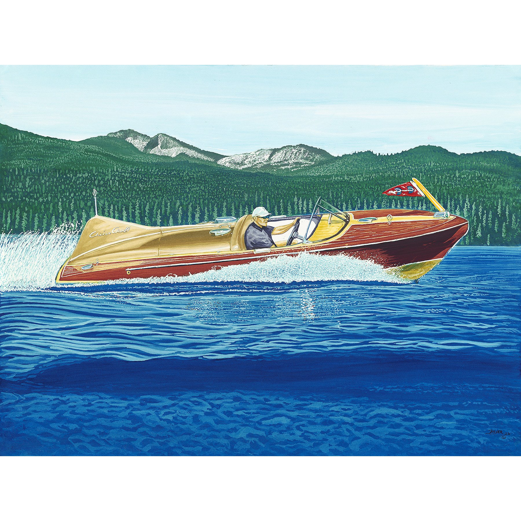 Painting of a man driving a motorboat on a lake with forested mountains in the background.