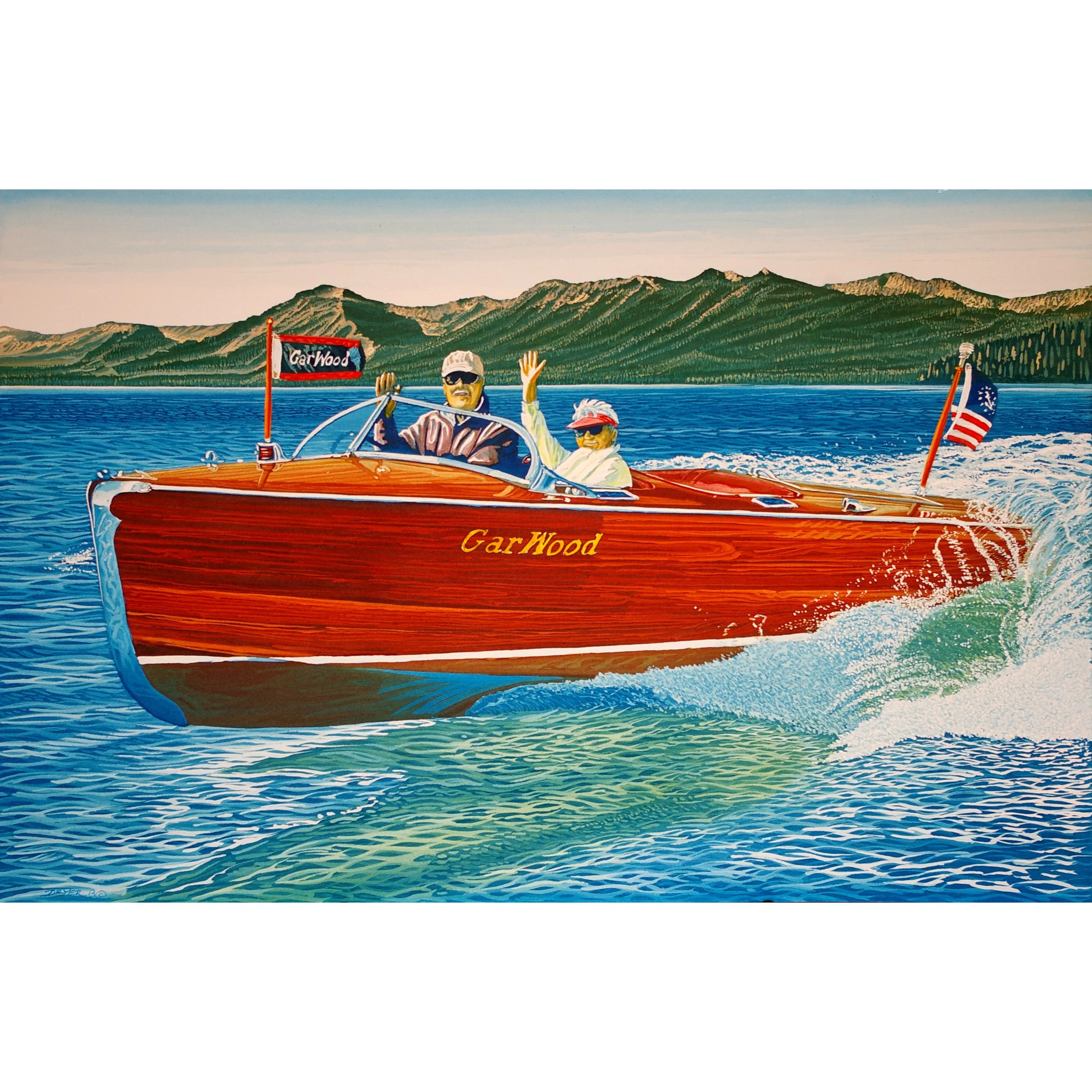 Painting of two men in a wooden boat named 'GarrWood' on a body of water with mountains in the background, one waving and the other steering, with flags on the boat.