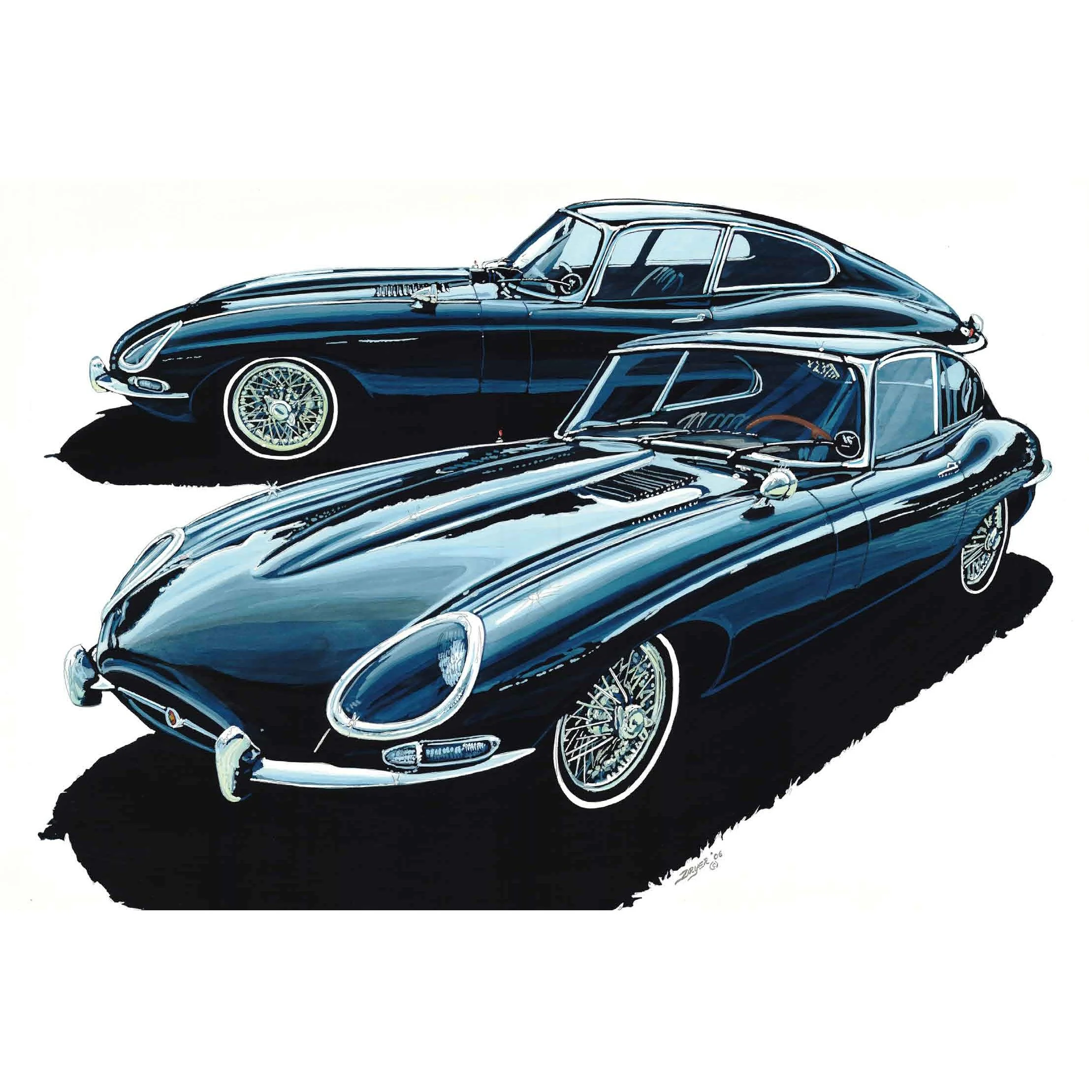 Digital illustration of two classic sports cars, both black with sleek, shiny bodies and wire-spoke wheels, positioned on a white background.
