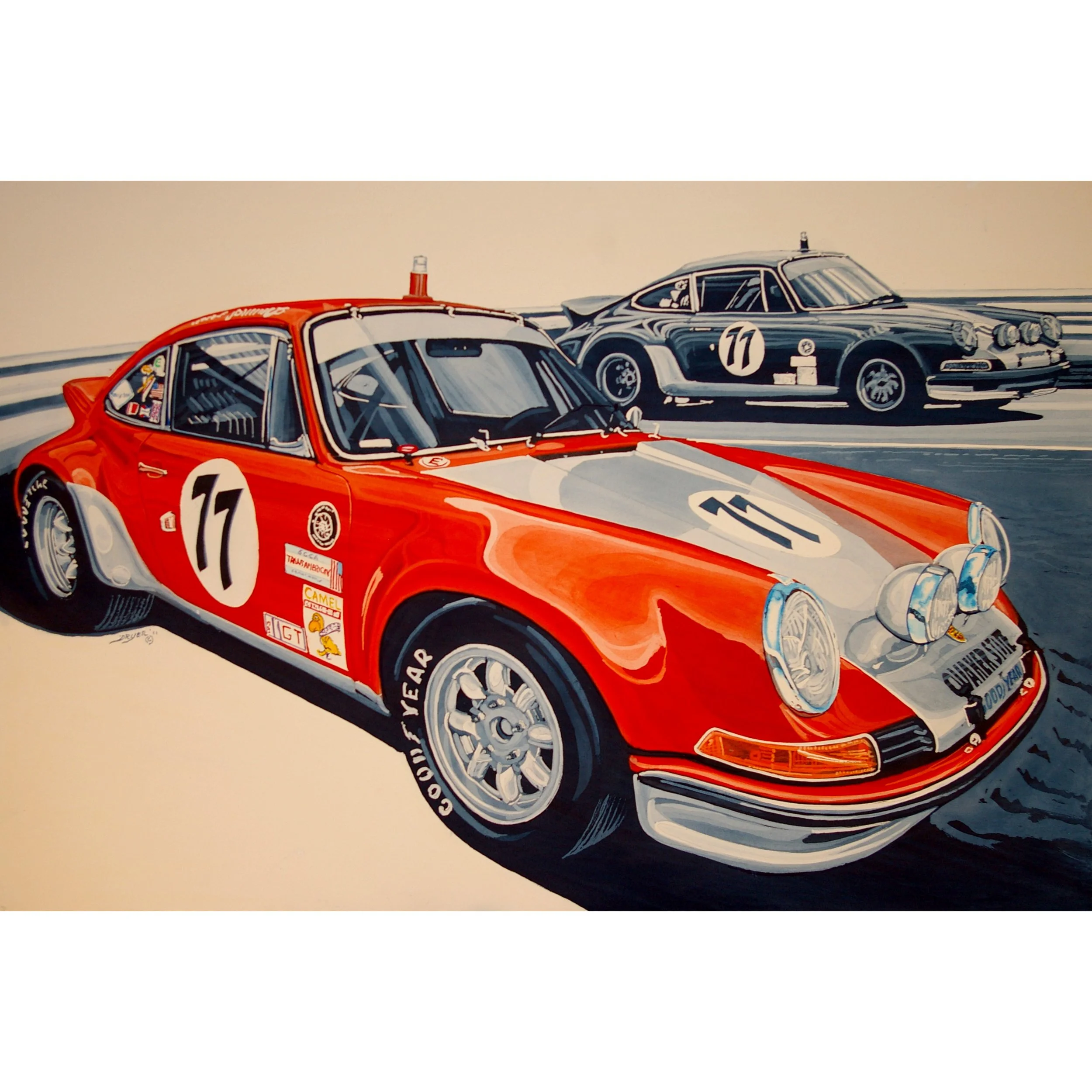 An illustrated race car with the number 17 in red, featuring a white stripe down the center, racing on a track with another similar car in the background.