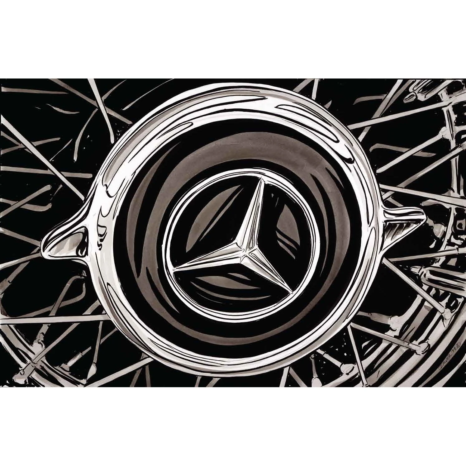 Close-up of a Mercedes-Benz logo on a car wheel with spokes.