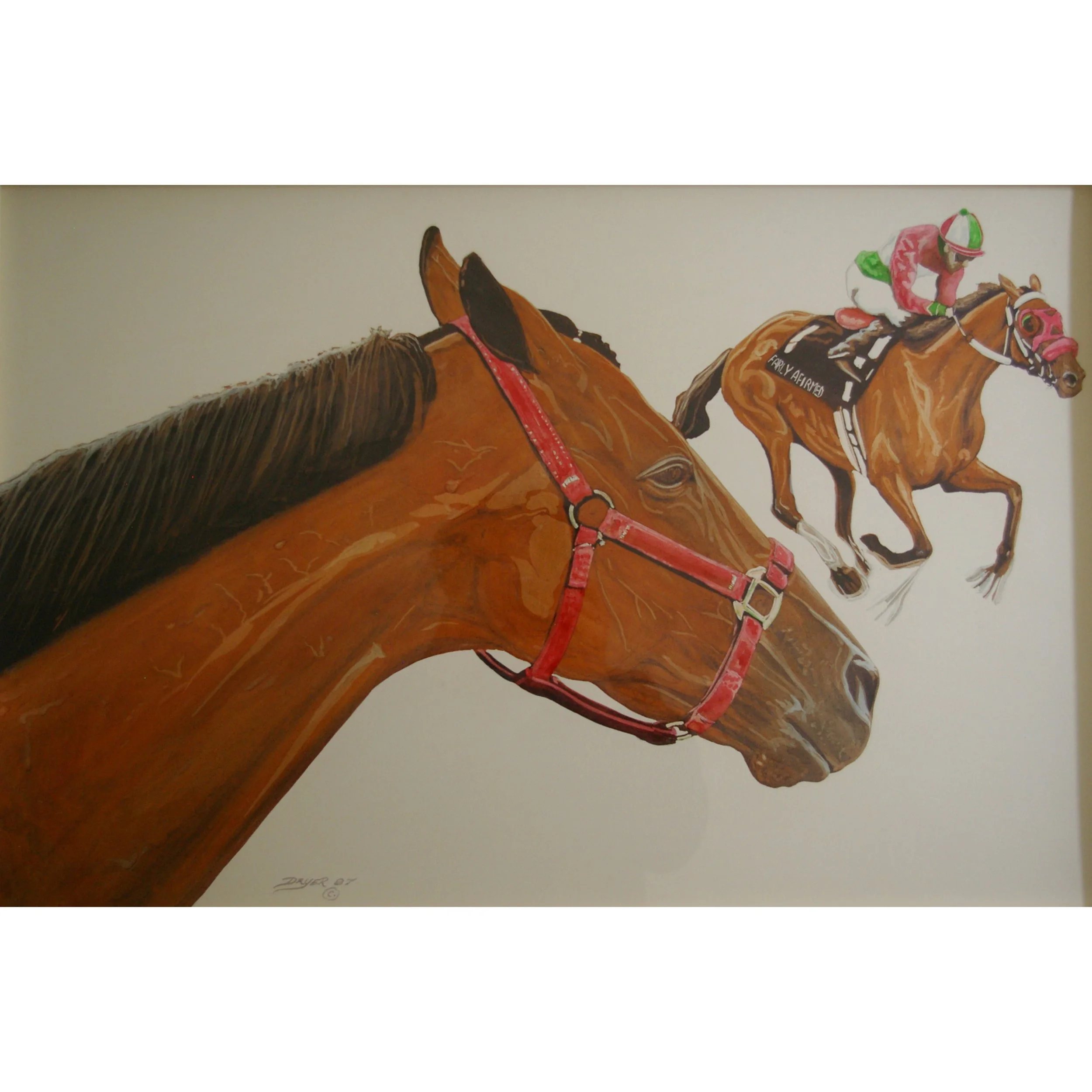 Realistic painting of a jockey riding a racehorse with another horse in the foreground.