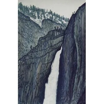 Waterfall flowing down rocky mountain cliffs with trees at the top and background.