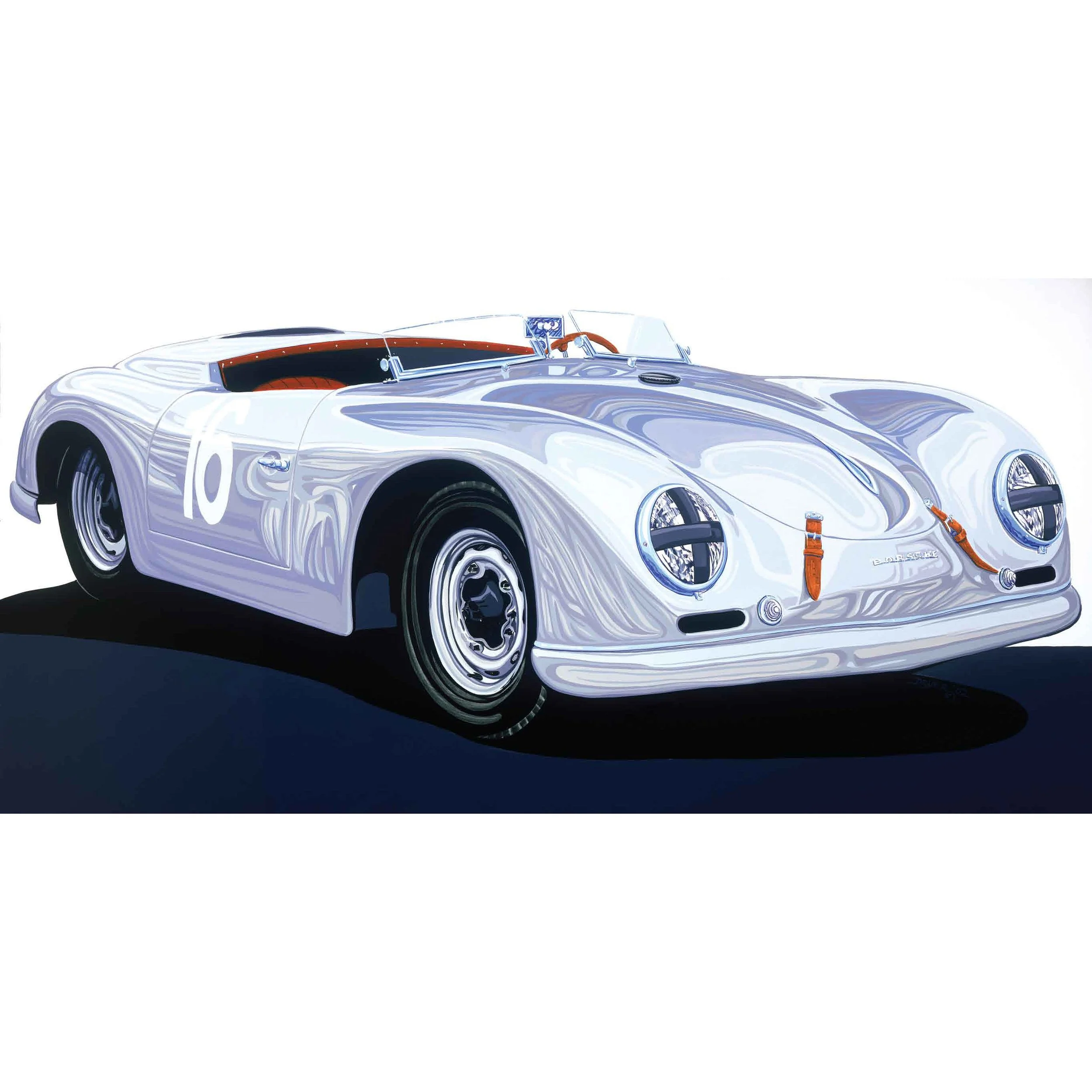 A stylized painting of a vintage racing car with the number 10 on its side, white body with black accents, and orange straps on the front.