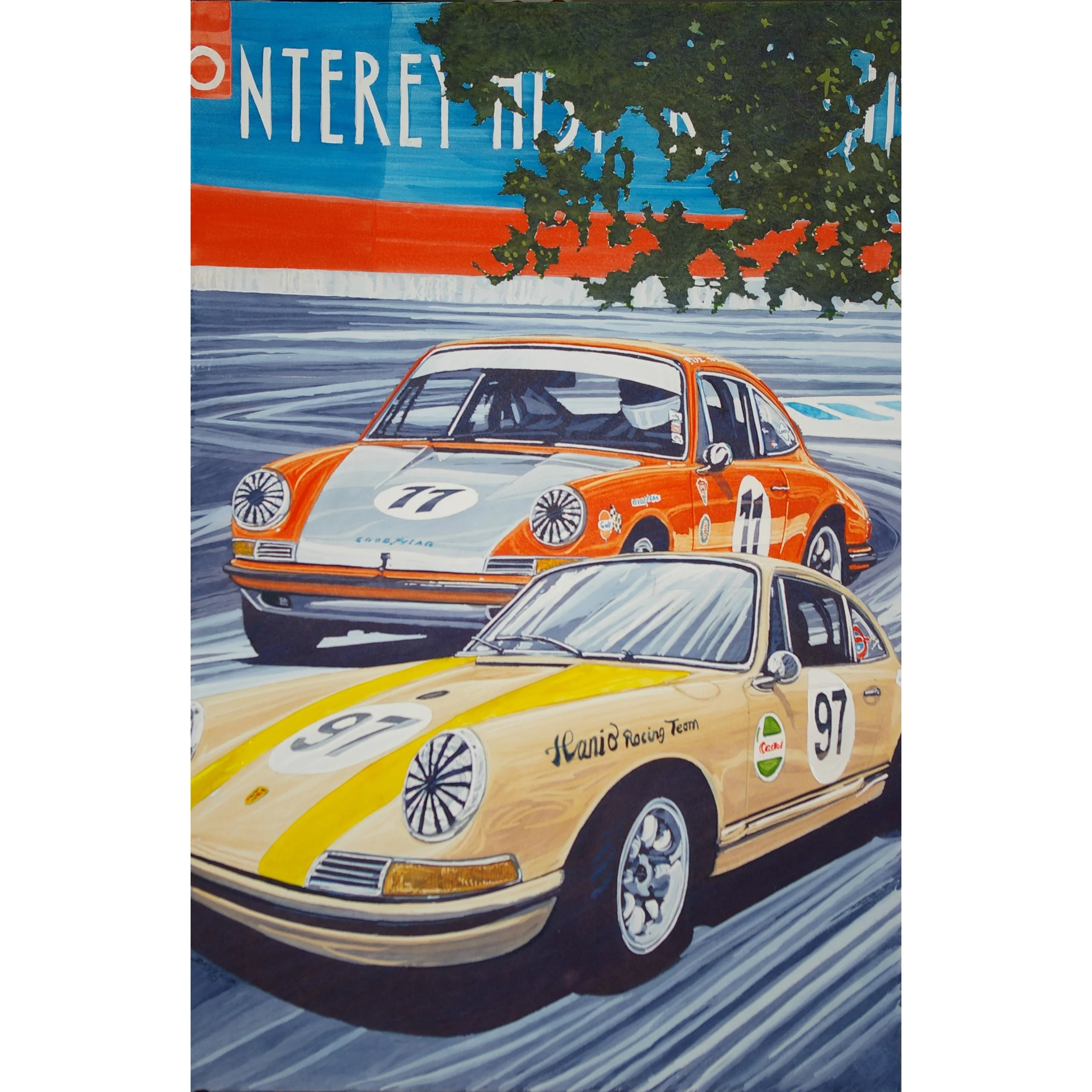 Painting of two vintage race cars, one orange and one yellow, on a racetrack with a large banner or sign in the background. The yellow car has the text 'Manio Racing Team' on the side.