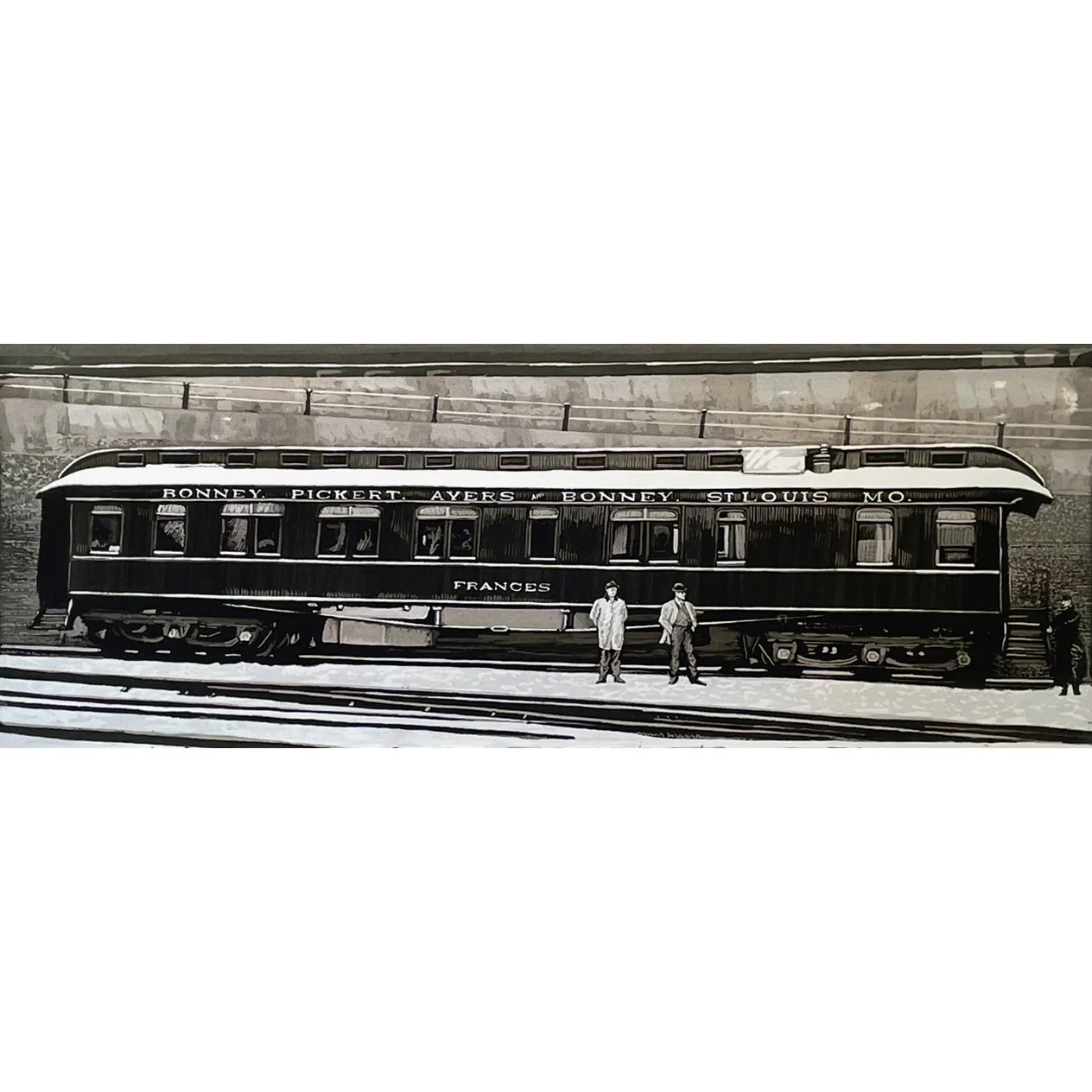 Black vintage train car with white lettering reading 'Bonney, Pickert, Ayers, Bonney, St. Louis MO.' and 'Fances' in the middle, standing on railway tracks with three people nearby.