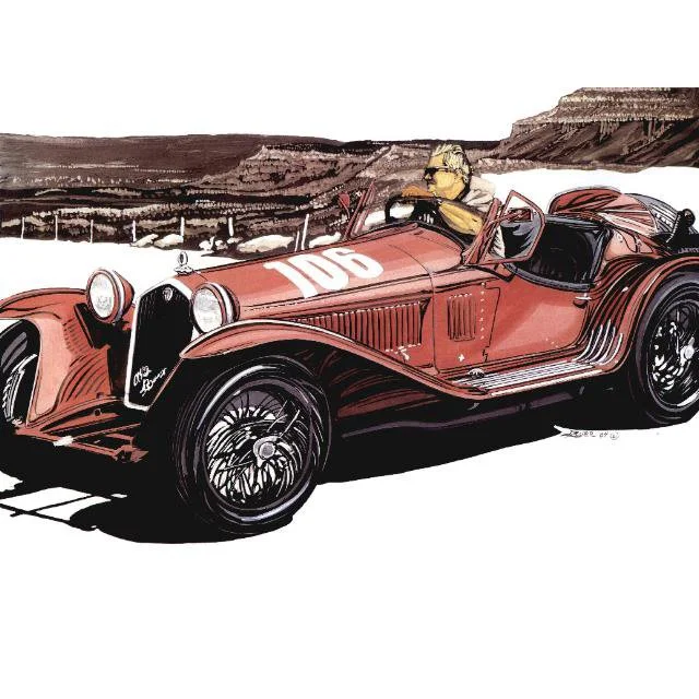 A vintage race car with the number 106, driven by a person wearing a cap, on a desert road with rocky cliffs in the background.