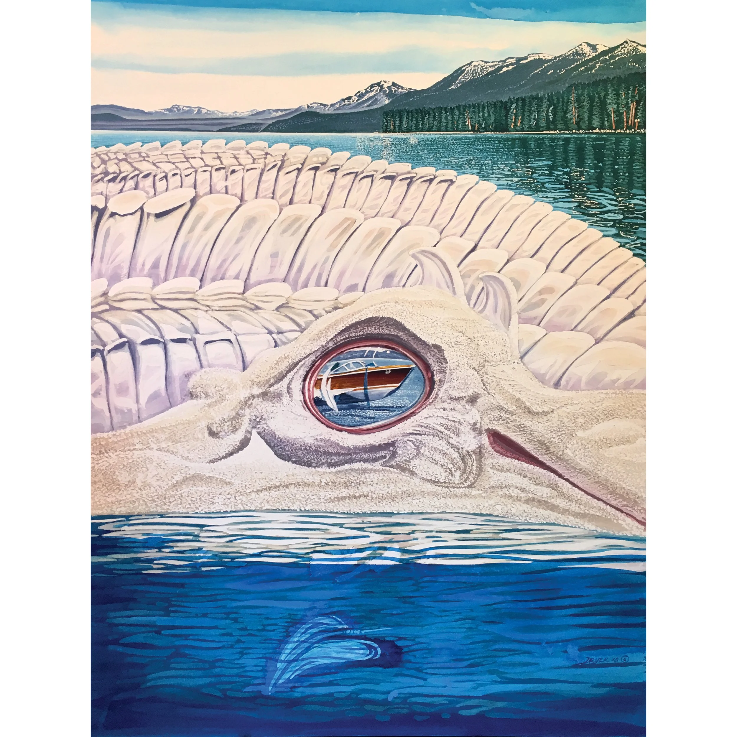 A surreal painting of a large white animal, possibly a narwhal, lying in water with its eye reflecting a boat. The background shows a body of water, a forest, and mountains under a blue sky.