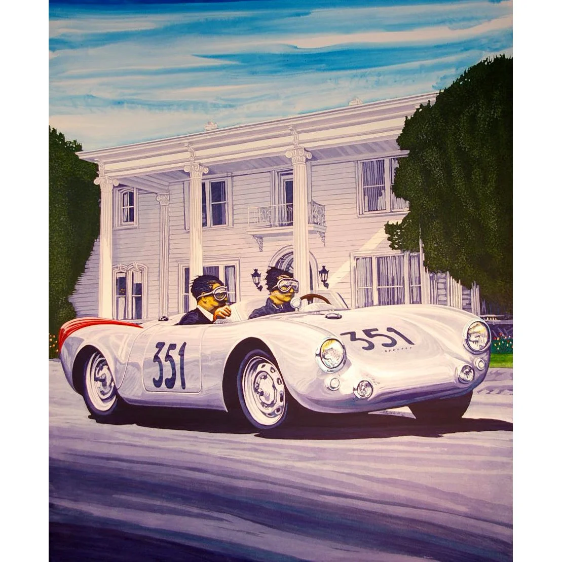 A painting of two race car drivers in a vintage white race car with the number 351, traveling past a white house with tall columns and lush green trees on a bright day with a blue sky.