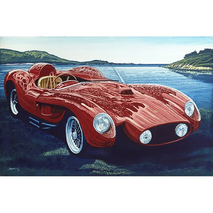 A red vintage sports car parked near a body of water with hills in the background.