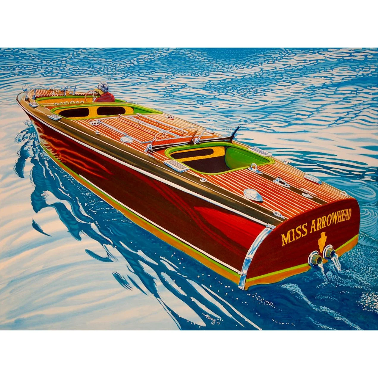 A vintage wooden speedboat named Miss Arrowhead sailing on water, with a person in red at the helm.
