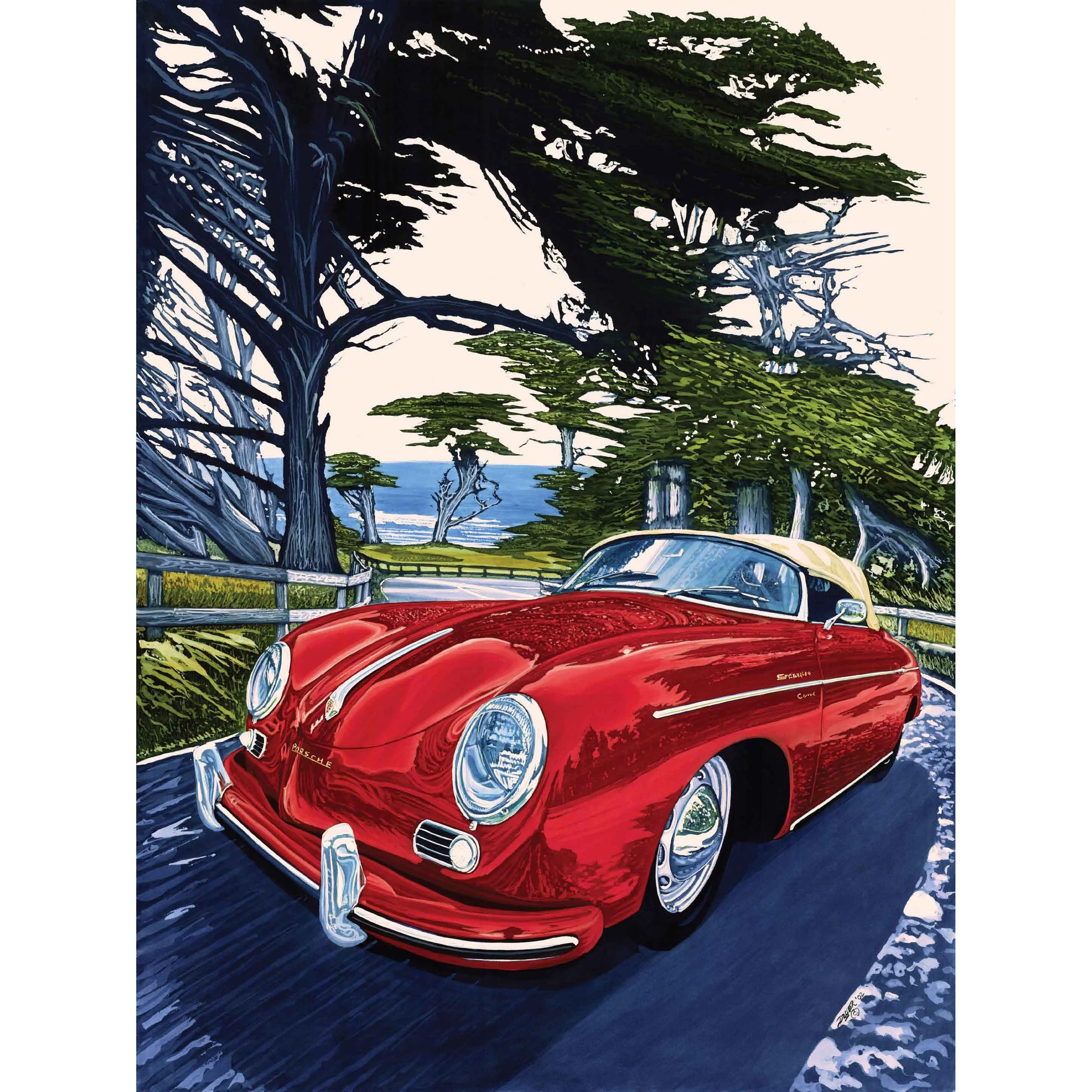 A vintage red Porsche Speedster in Monterey, California overlooking the ocean.