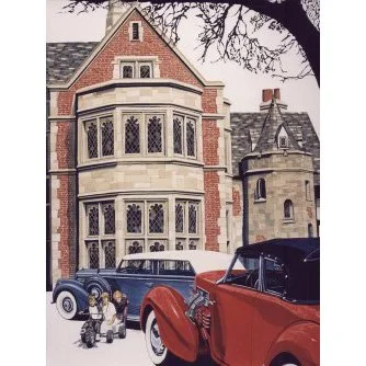 A historic brick building with ornate stonework and large bay windows, with classic vintage cars parked in front, and children playing nearby.