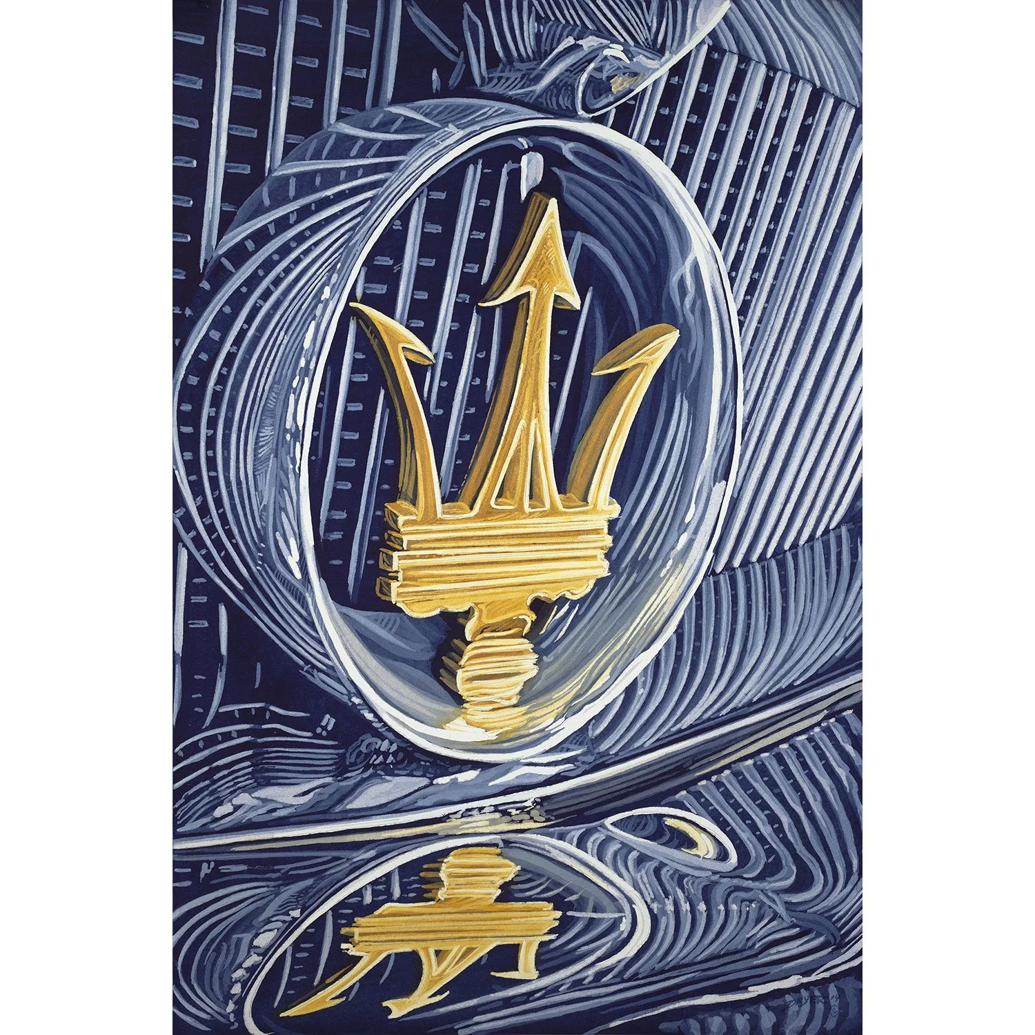 A metallic Trident symbol, representing Maserati, with a gold finish, set against a background of swirling blue and silver fabric patterns.