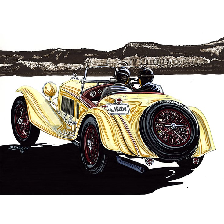 A vintage yellow Alfa Romeo with two people wearing helmets, parked in front of an Arizona landscape with black and white colors.