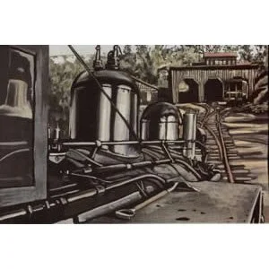 Close-up of a vintage steam locomotive's front and side, showing the boiler, pipes, and part of the train track.