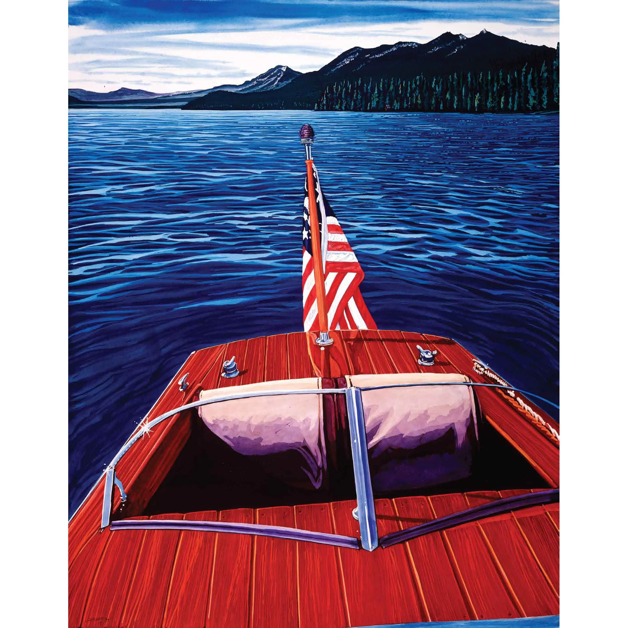 A painting of a boat on a lake with mountains and pine trees in the background, and an American flag at the bow.