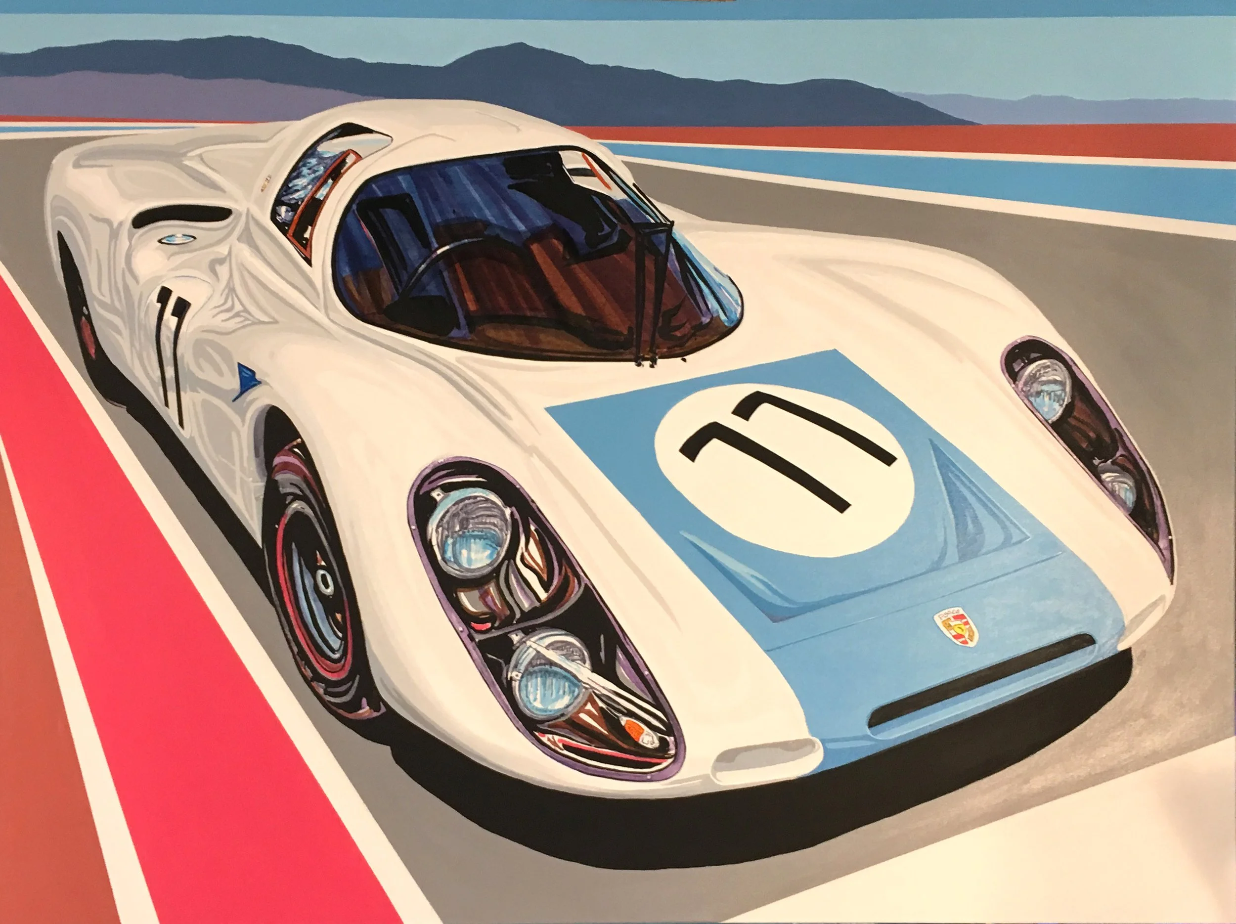 Illustration of a vintage racing car, number 71, on a race track with mountains in the background, featuring a white body with blue racing stripes and a Porsche emblem on the front.