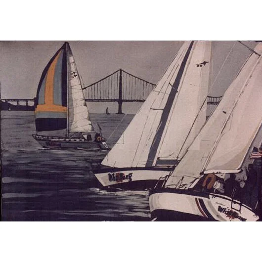Painting of sailboats on water with a bridge in the background.