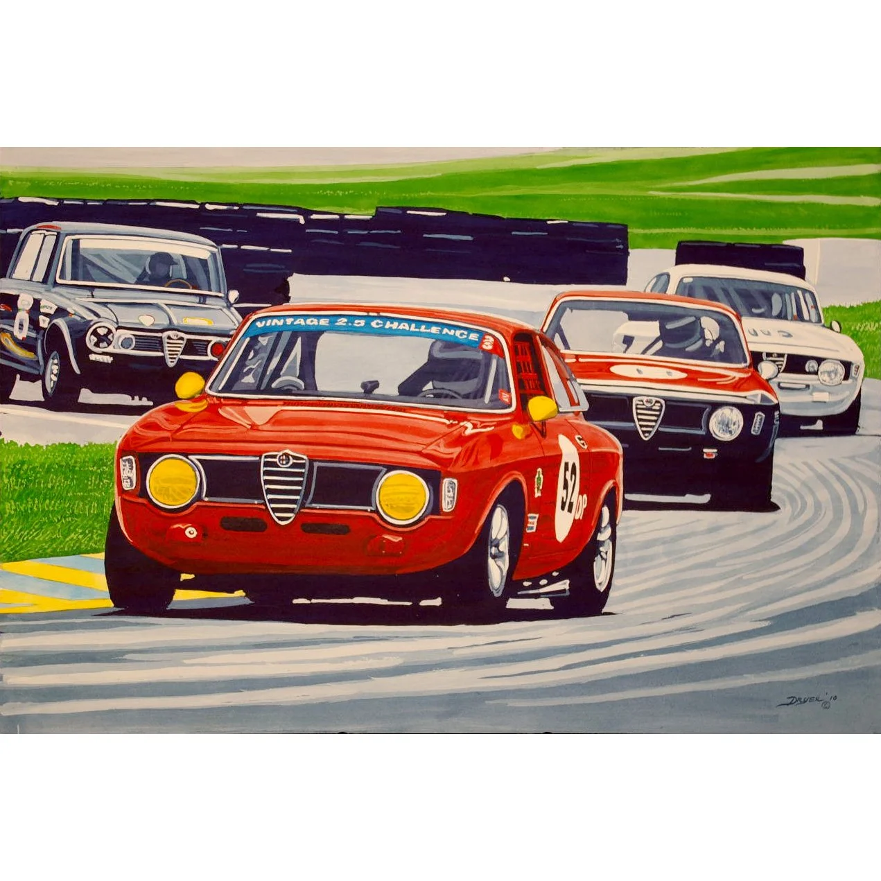 Illustration of vintage race cars on a track, led by a red Alfa Romeo with the number 52, followed by other classic vehicles with green and black surroundings.
