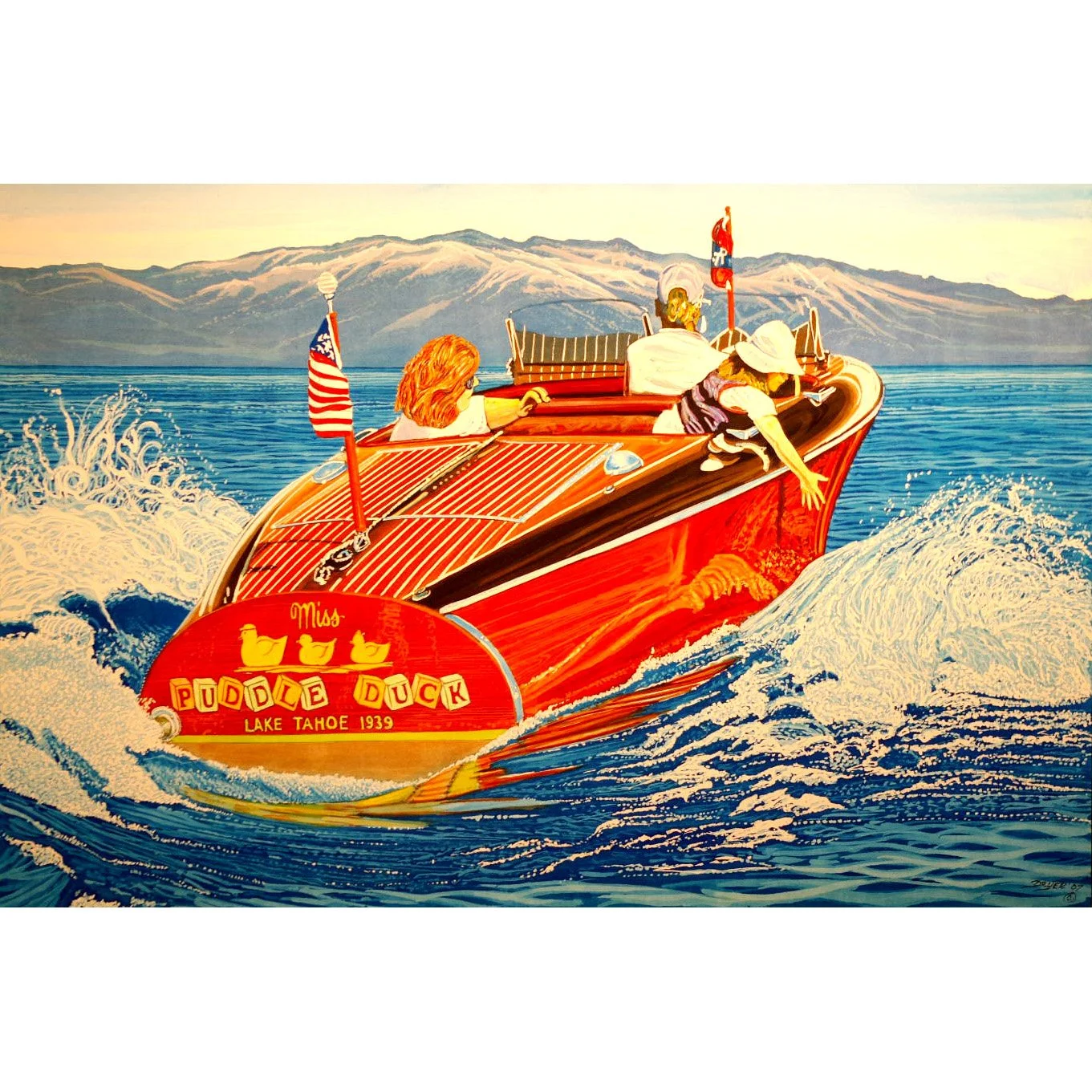 A vintage painting of a red speedboat named 'Miss Puddle Duck' on Lake Tahoe in 1939, with four people wearing vintage clothing and hats, sailing on blue water with mountains in the background.