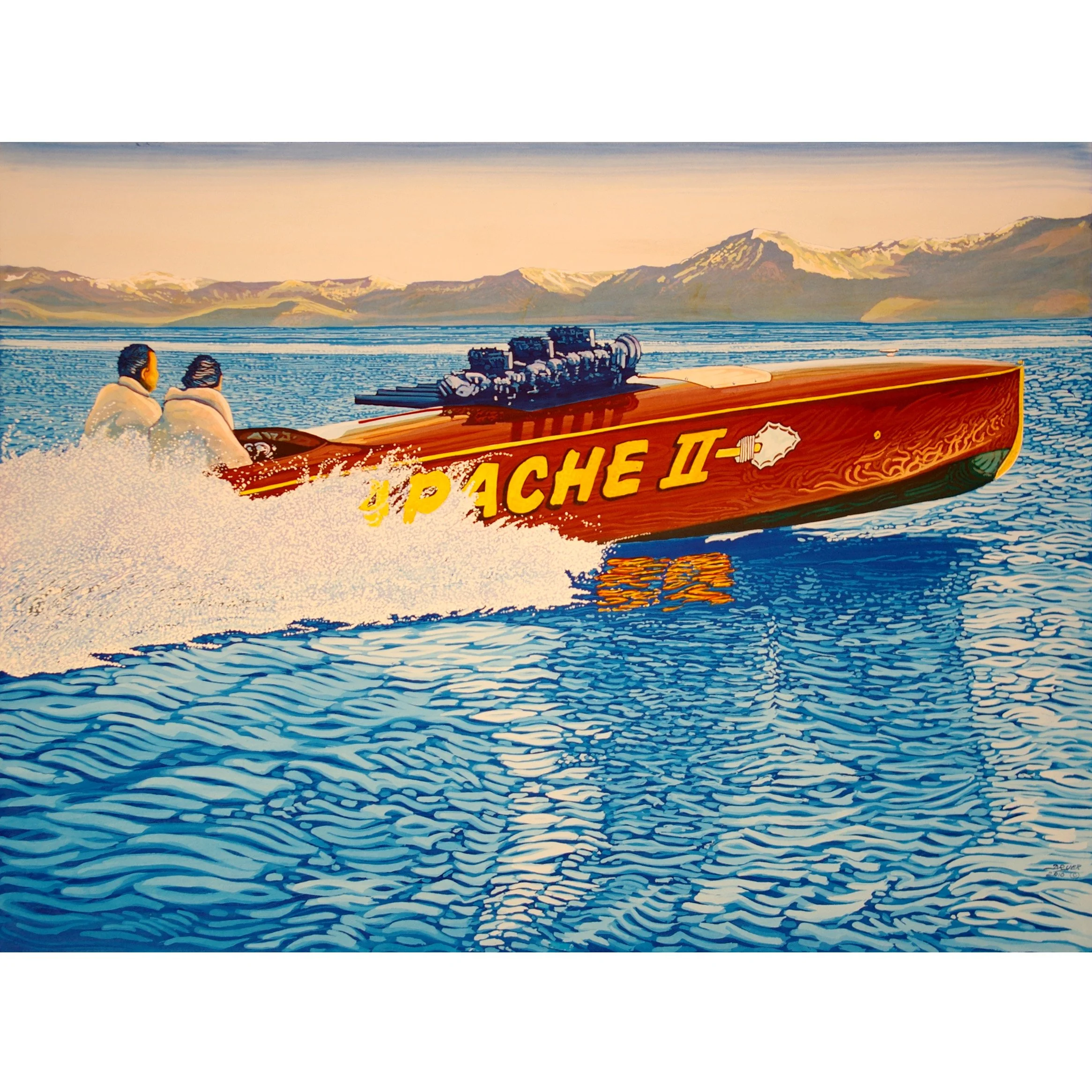 A painting of a speedboat named 'Apache II' with two people in white clothing riding on the water, with mountains in the background.