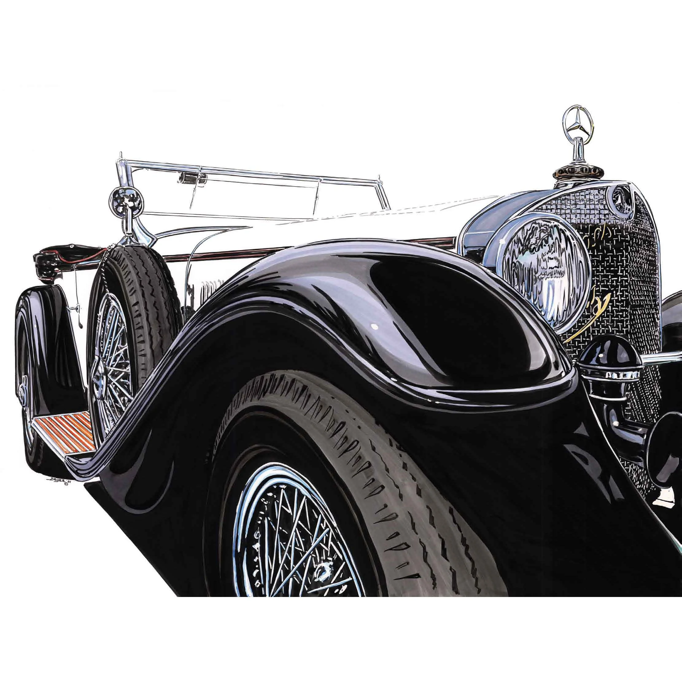 Vintage black car with wire-spoked wheels, prominent front grille, and Mercedes-Benz emblem on the hood, isolated on a white background.