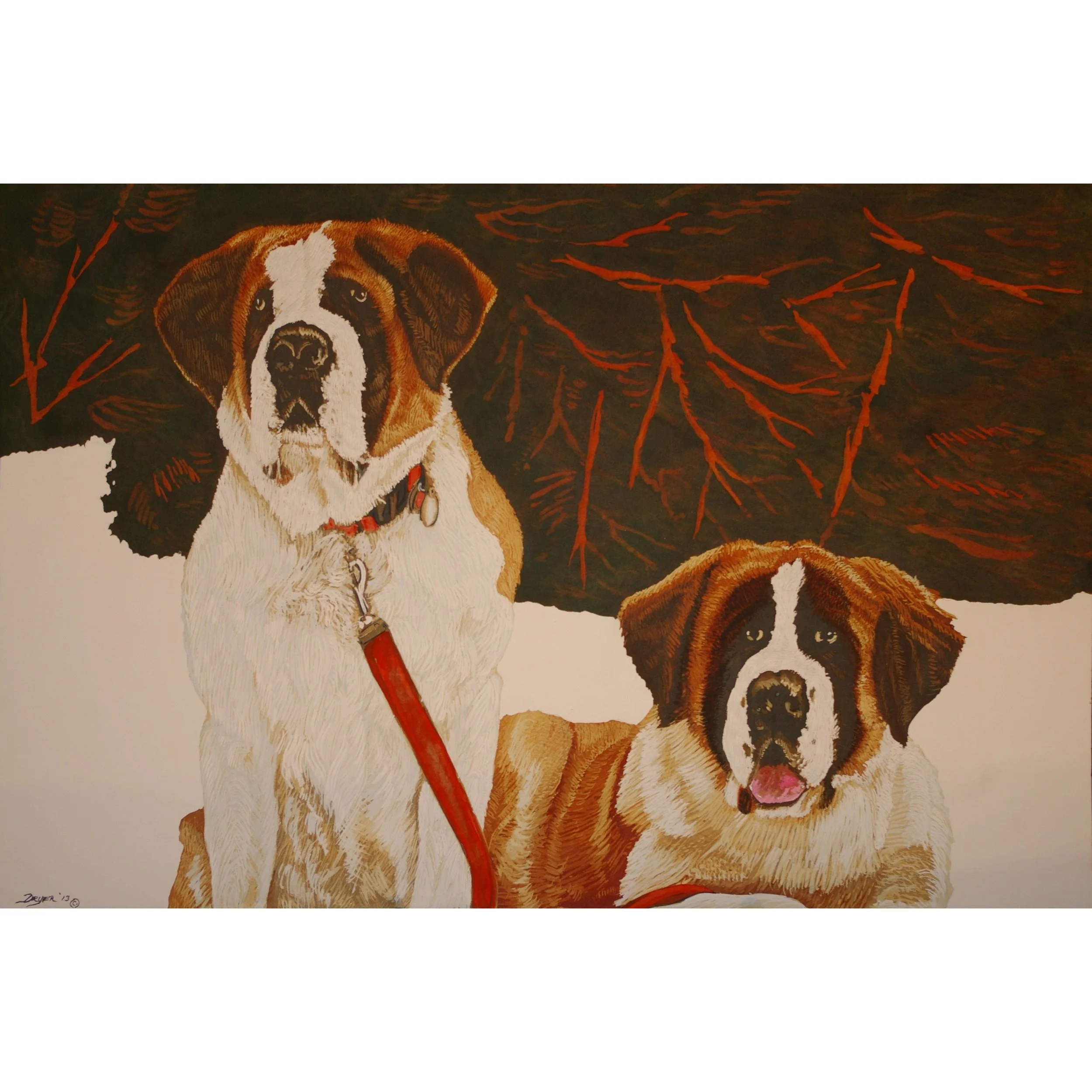 Painting of two Saint Bernard dogs with a tree in the background.