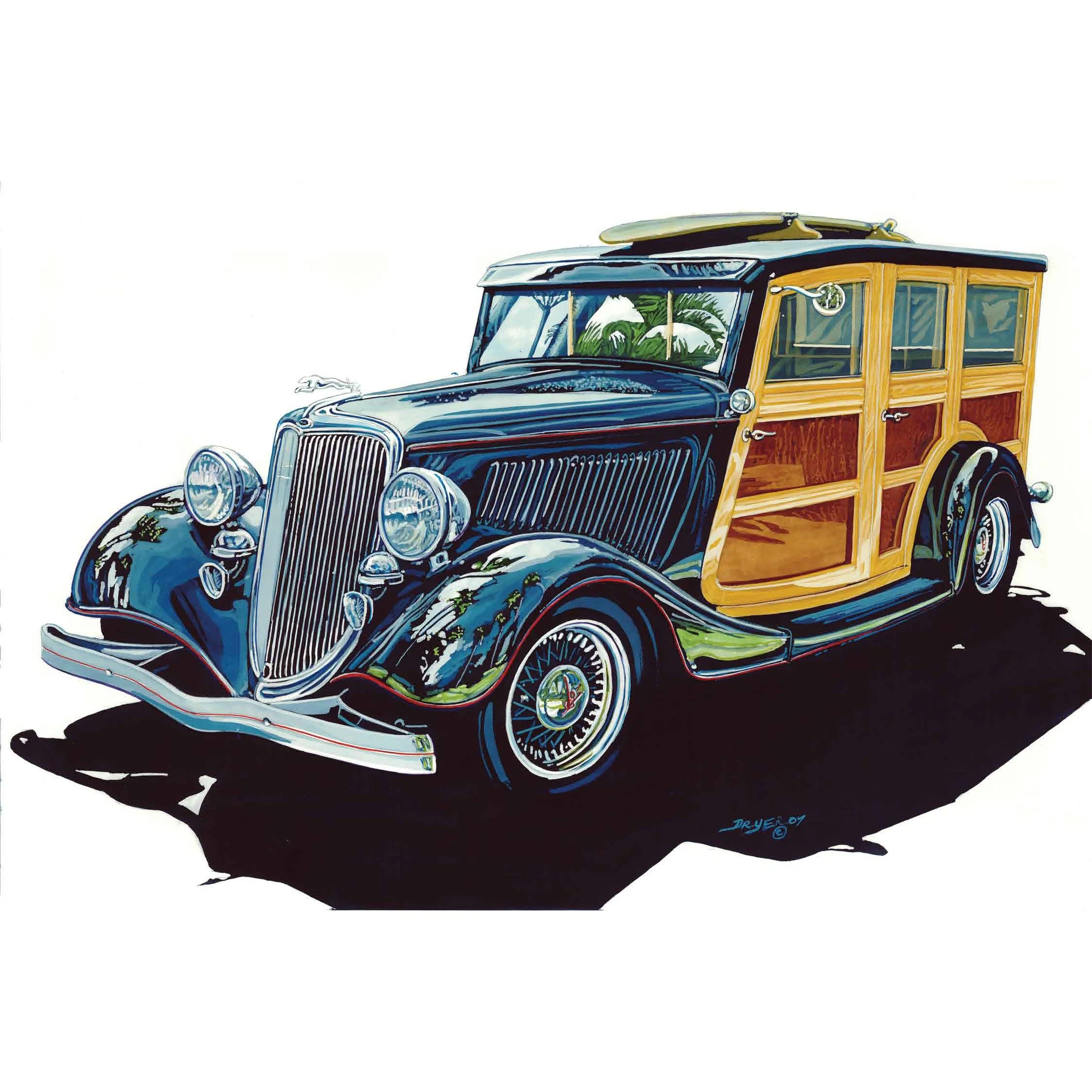 Illustration of a vintage black and wooden station wagon with classic design elements.