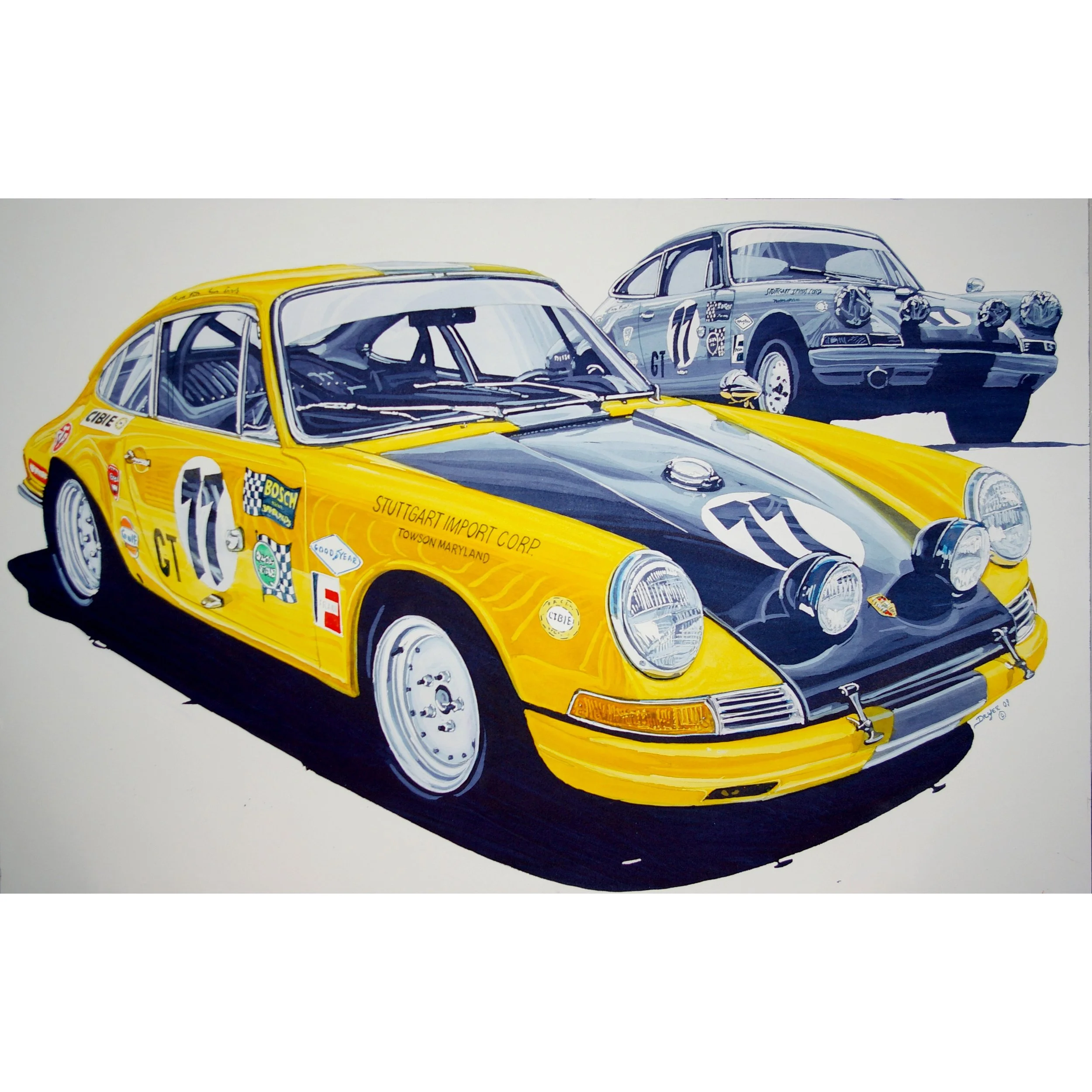 Illustration of two vintage race cars, a yellow and black Porsche 911, prominently displaying race decals and sponsor logos, and a blue classic race car in the background.