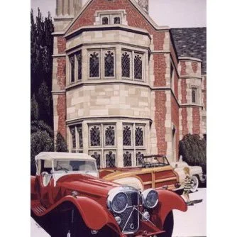 Vintage cars parked in front of a historic brick building with large windows.