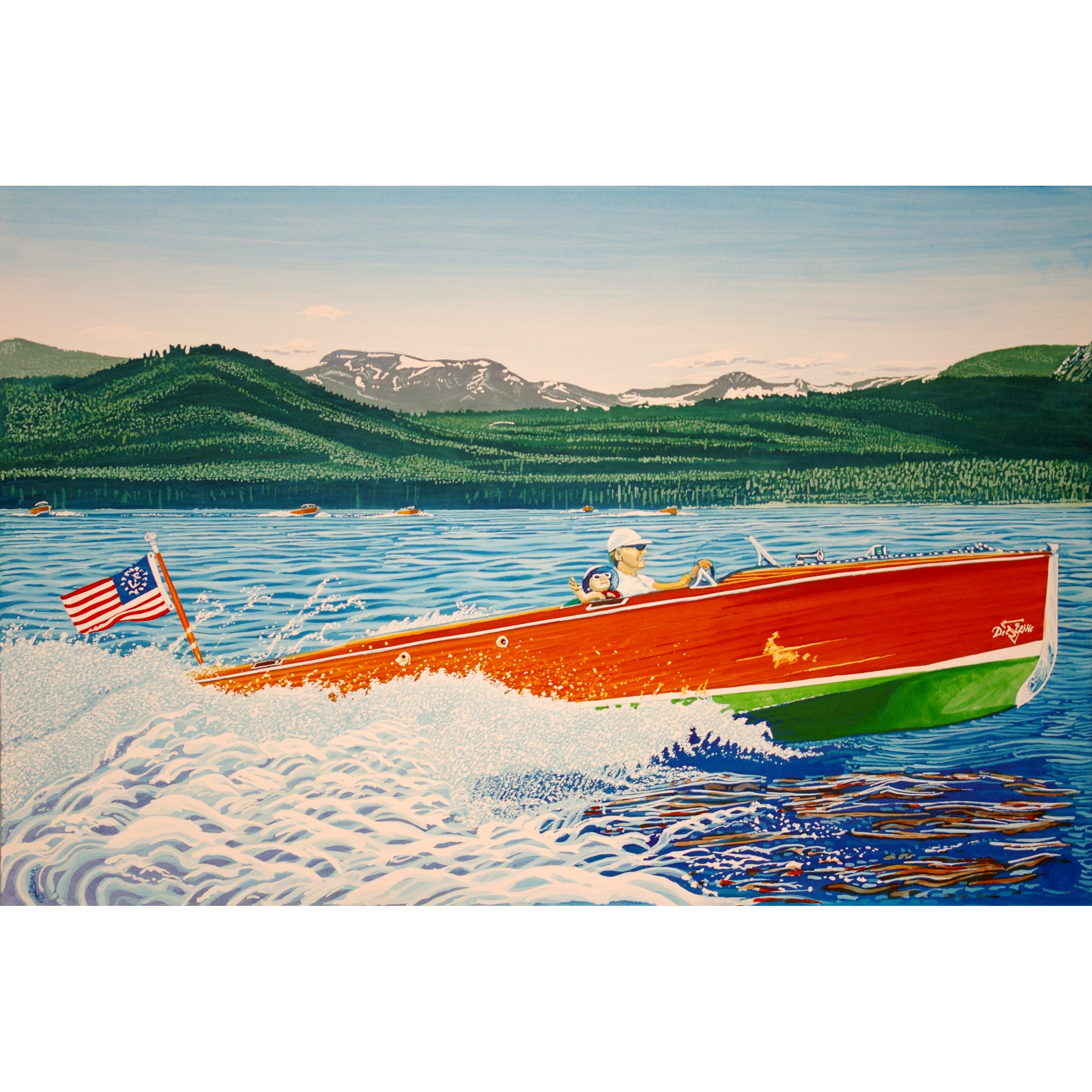 A painting of a person and a child in a red motorboat on a lake, with a mountain range in the background.