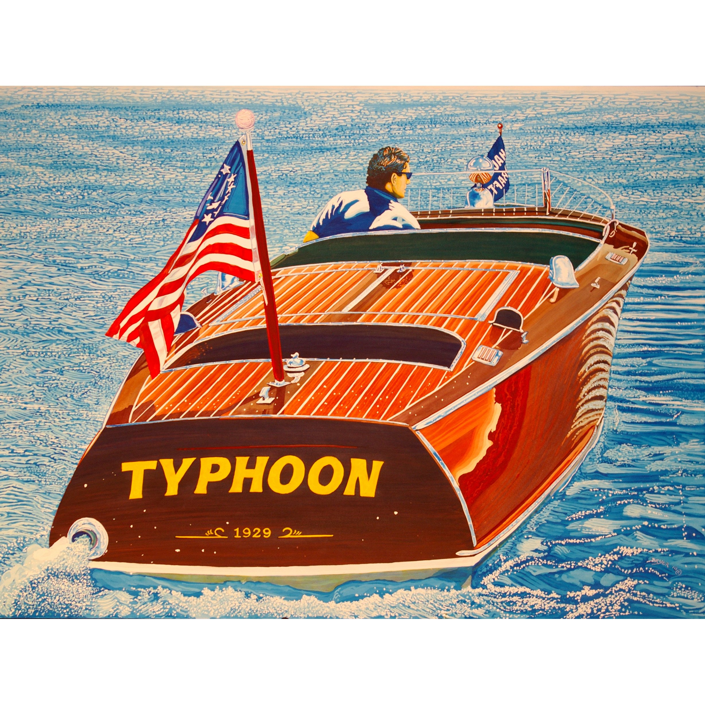 Painting of a wooden boat named Typhoon sailing on water, with an American flag flying at the stern and a man wearing sunglasses at the helm.