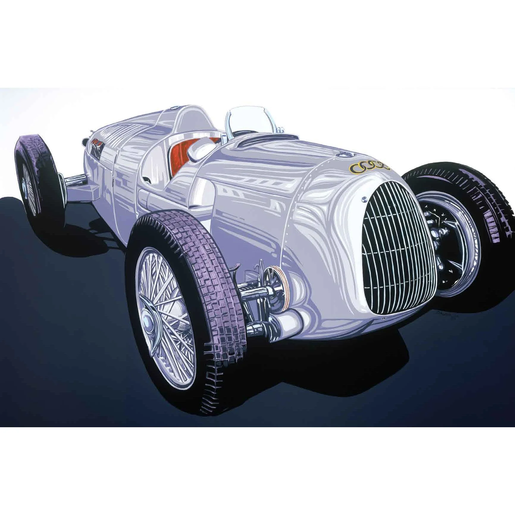 A vintage rAudi race car with a streamlined body, large front grille, and exposed chrome wheels, displayed on a reflective black surface.