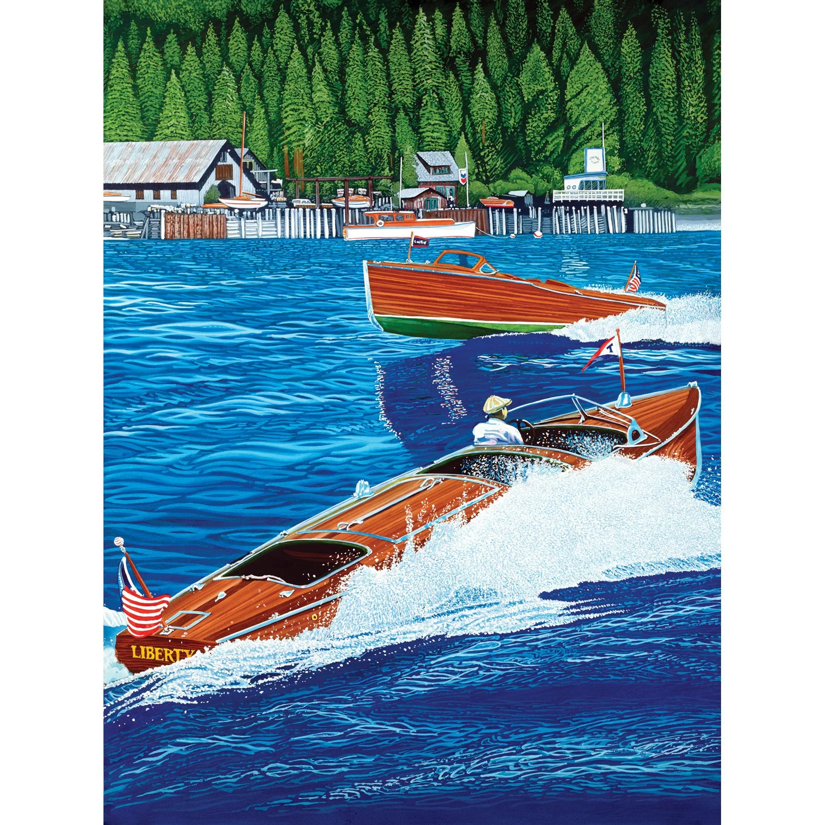 A painting of two vintage wooden boats cruising on the water near a harbor with a green forested hillside and boats and buildings on the dock in the background.