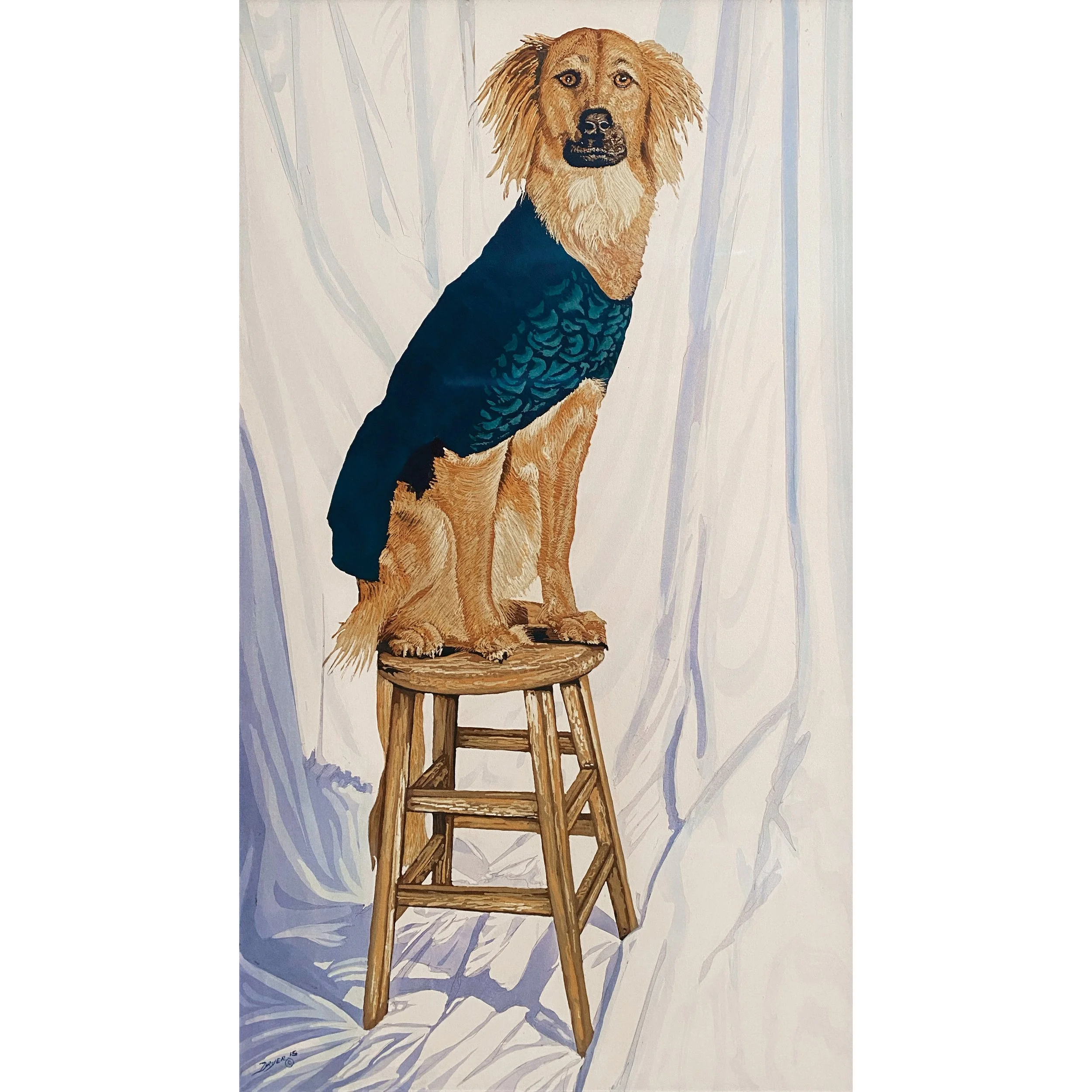 Painting of a dog sitting on a wooden stool, dressed in a dark blue blazer with a patterned design, against a neutral background.