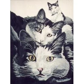 A black and white illustration of three cats with detailed fur and expressive eyes.