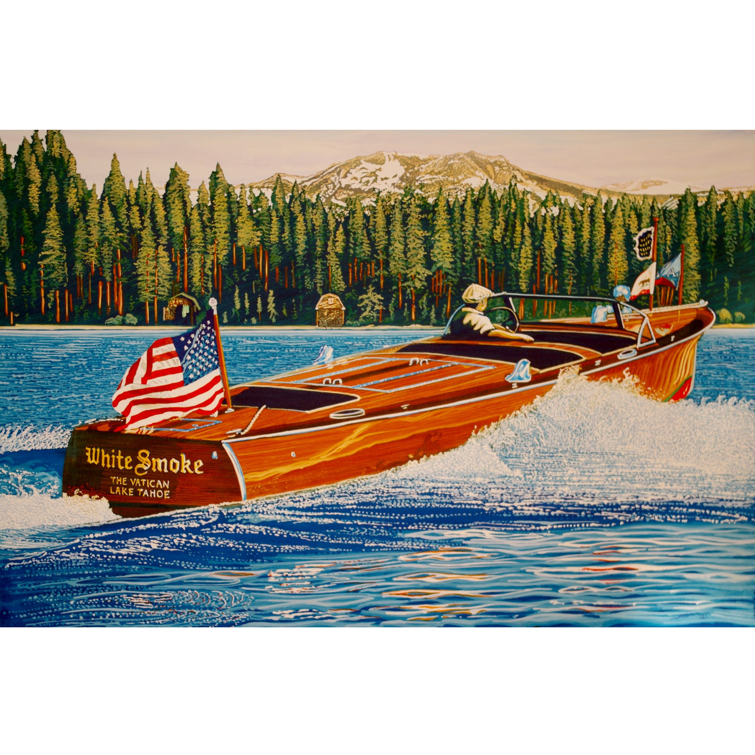 A vintage wooden speedboat named 'White Smoke' with American flags on the back, speeding across Lake Tahoe with a forested shoreline and snow-capped mountains in the background.