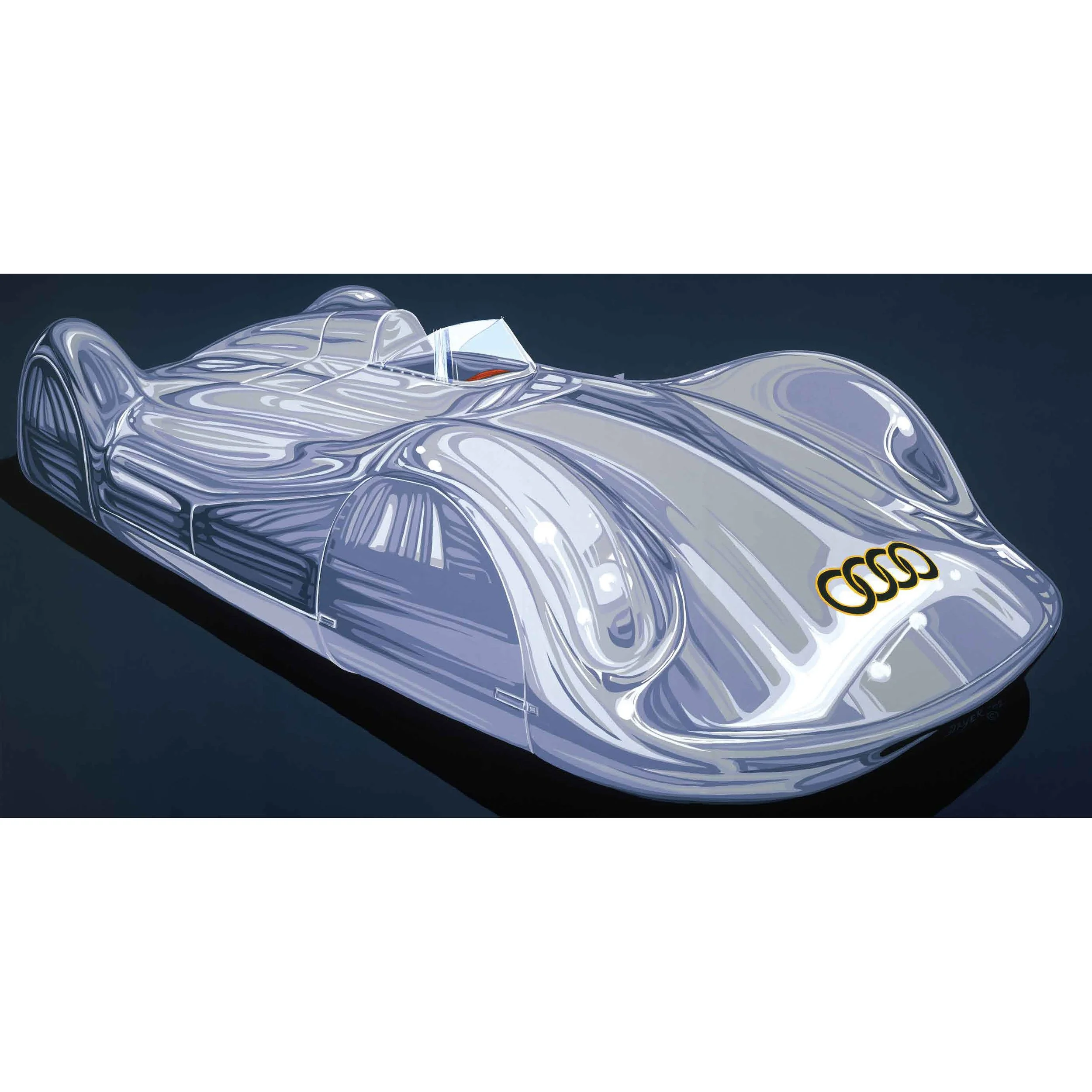 Artistic rendering of a futuristic silver racing car with the Audi logo on the front.