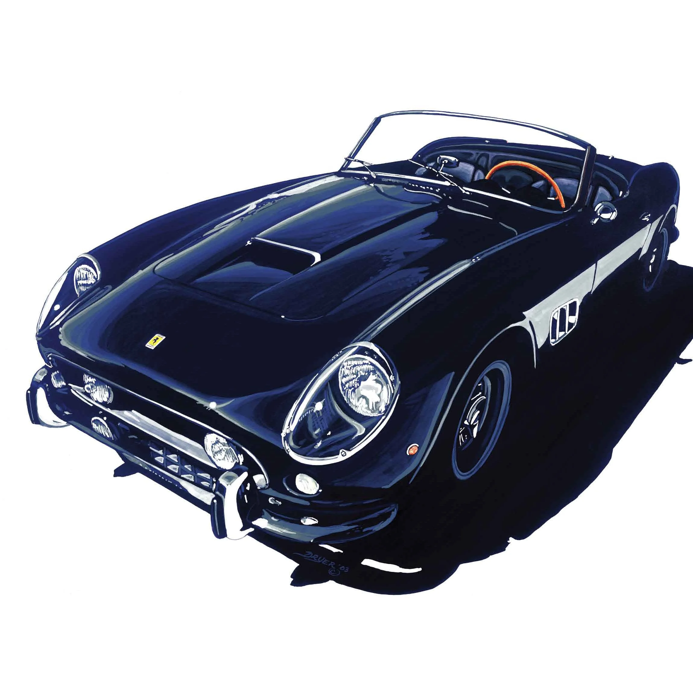 A vintage black Ferrari with retro styling, round headlights, and orange interior steering wheel, isolated on white background.