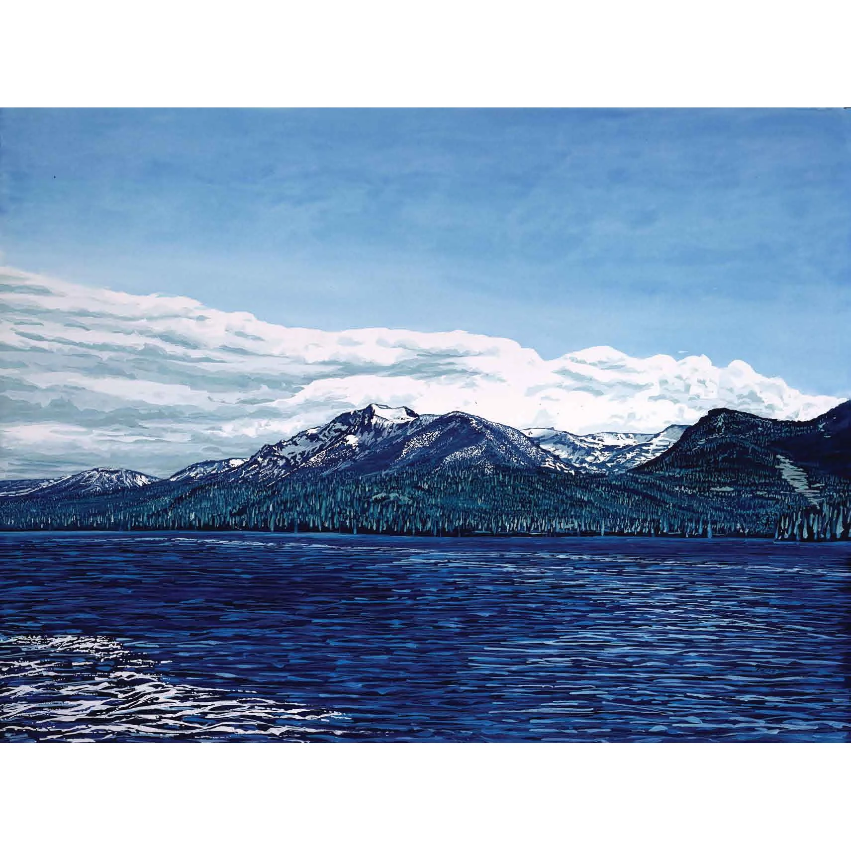Painting of a mountain landscape with snow-capped peaks, a forest, and a lake in the foreground under a partly cloudy sky.