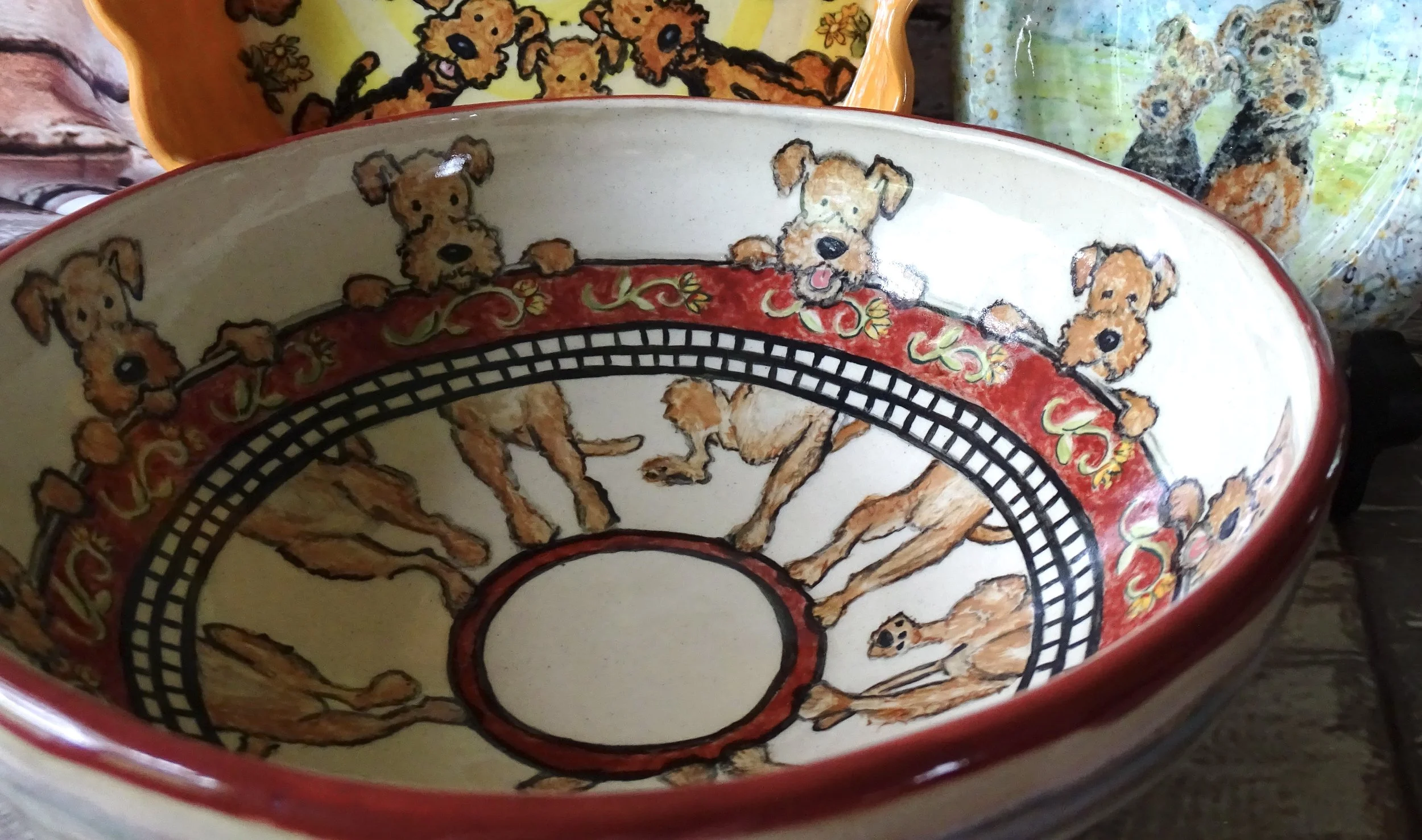 Happy Dance Airedale Terriers 9" Stoneware Bowl