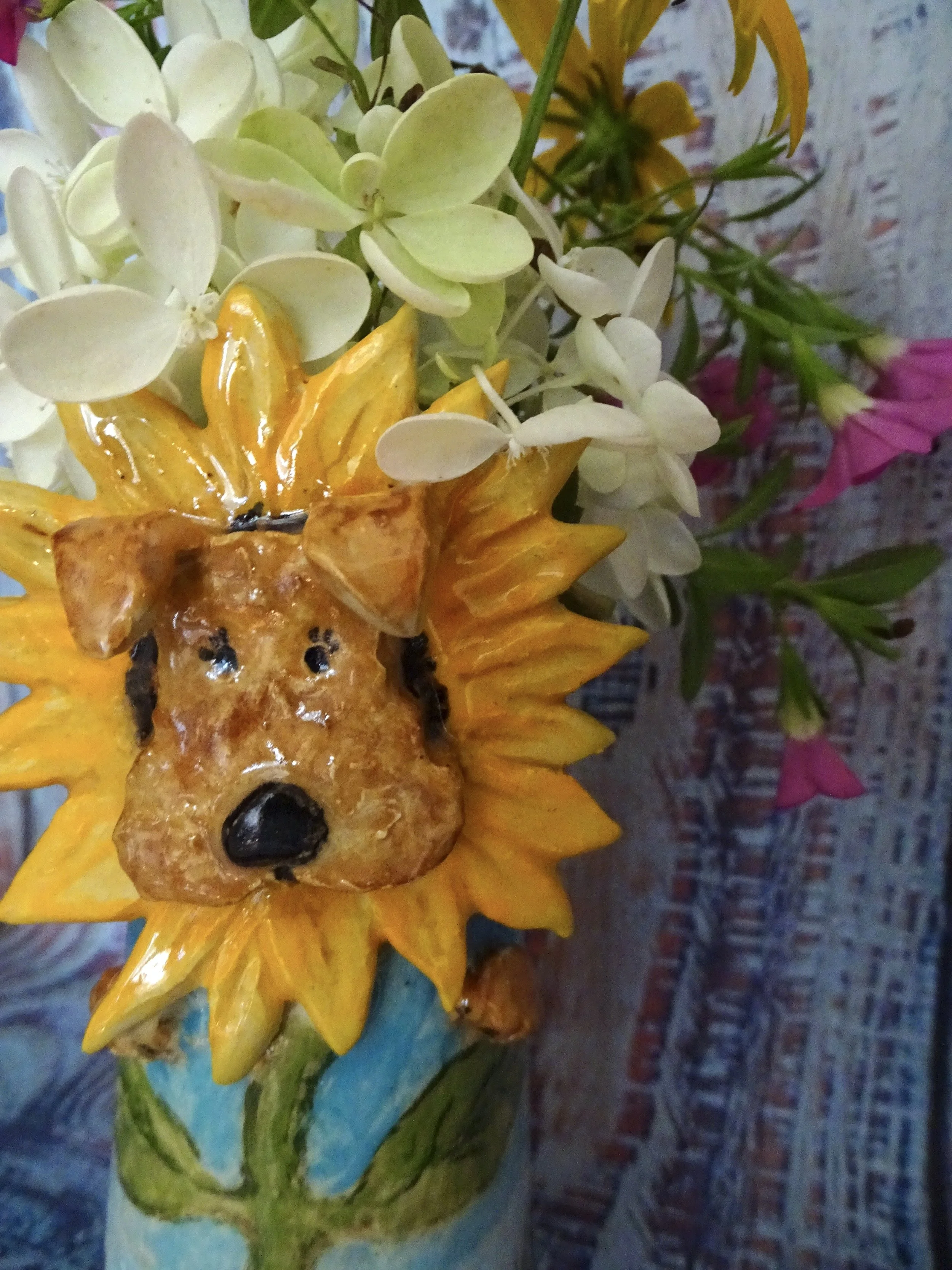 Super Cute Sunflower Artsy Airedale Face Bud Vase