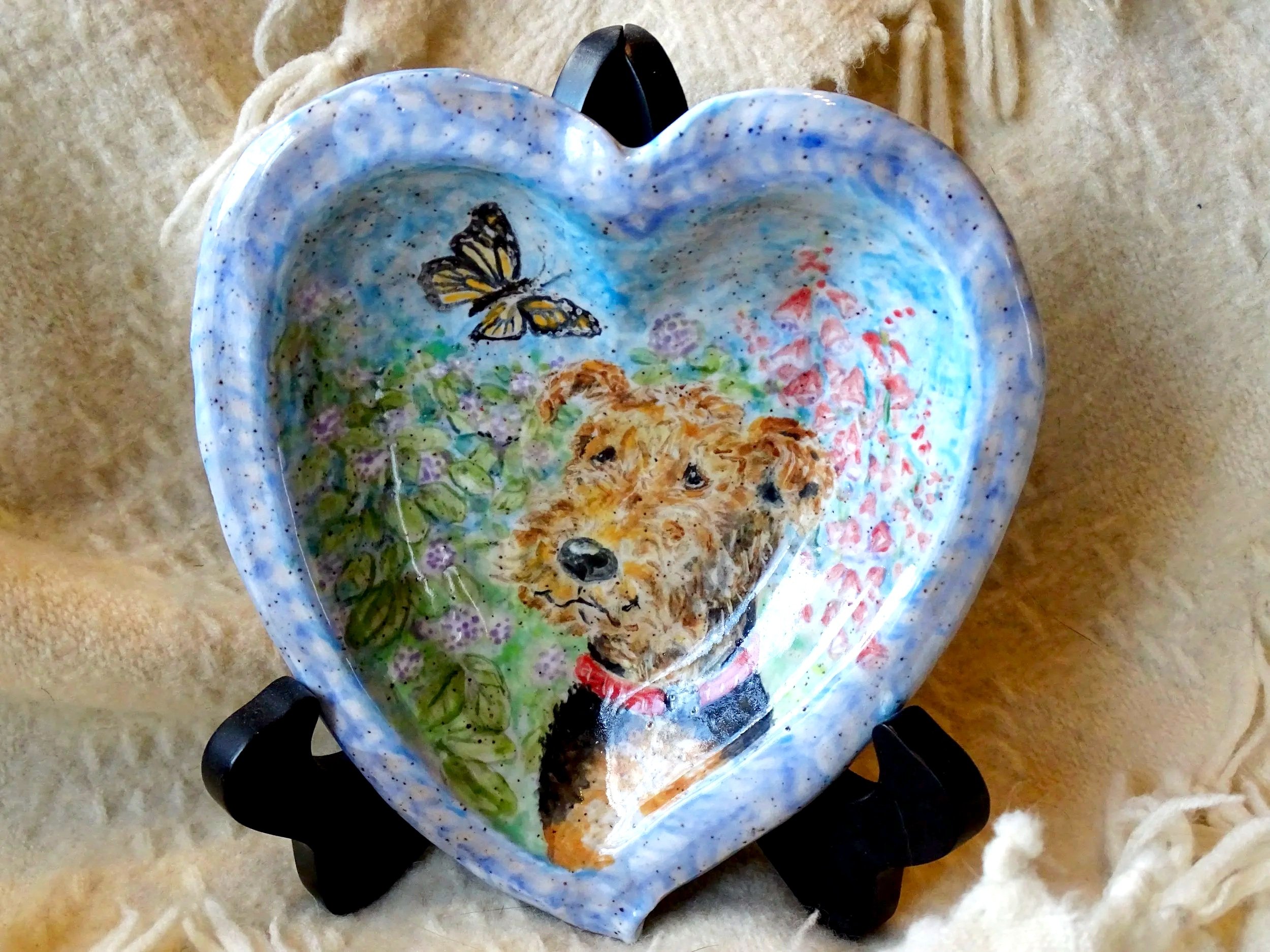 Flutter My Heart Airedale and Butterfly Heart Dish