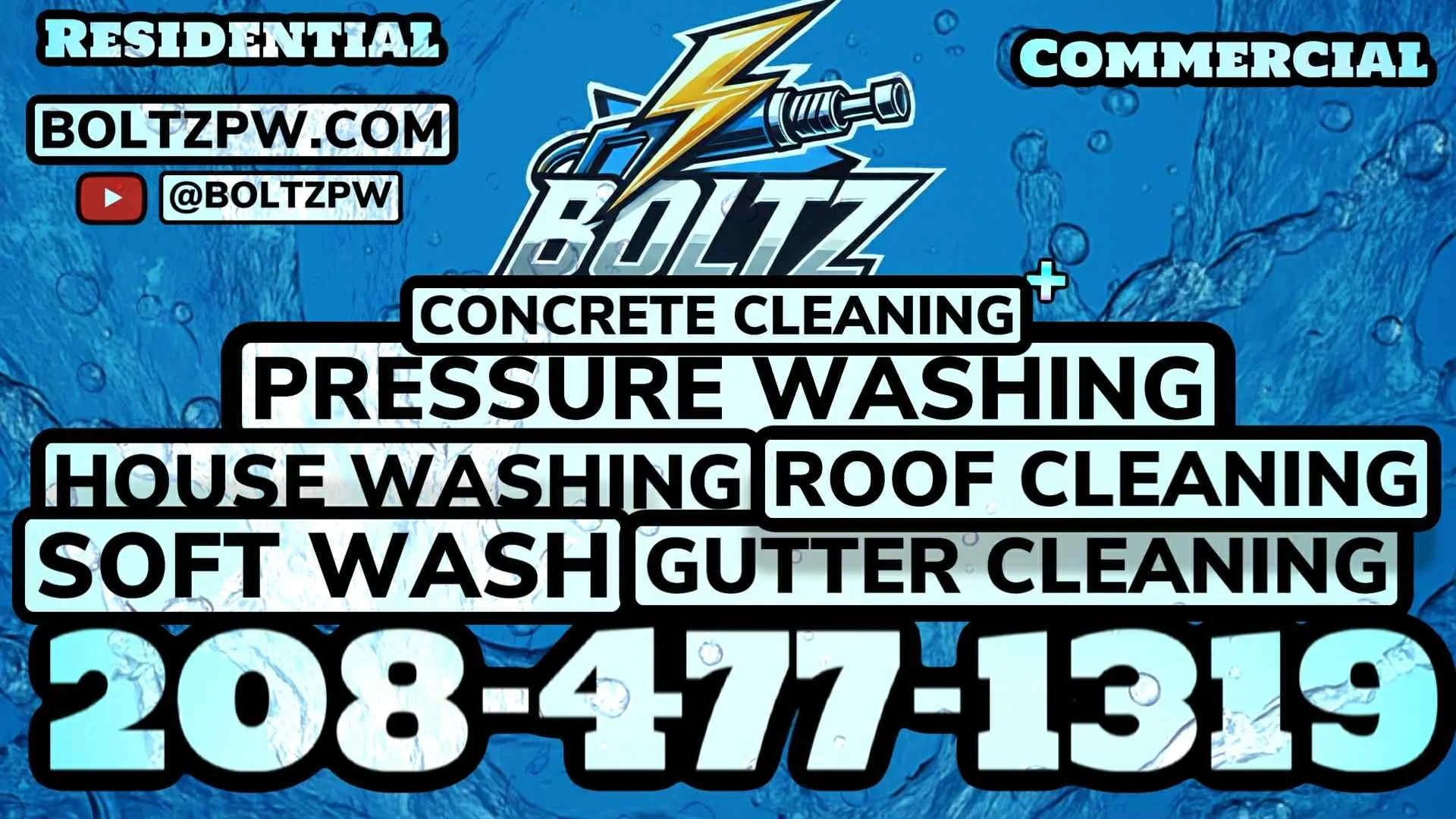 Advertisement for Blitz cleaning services, listing residential and commercial waterproofing and pressure washing services, including concrete cleaning, house washing, roof cleaning, soft washing, and gutter cleaning with contact details.