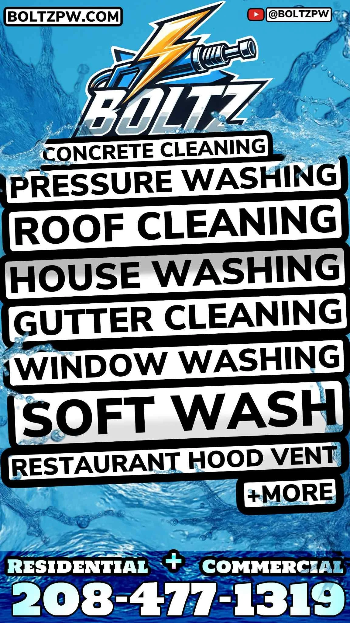 Advertisement for Boltz waterproof cleaning services, listed services include concrete cleaning, pressure washing, roof cleaning, house washing, gutter cleaning, window washing, soft wash, restaurant hood vent cleaning, with a contact phone number and website.