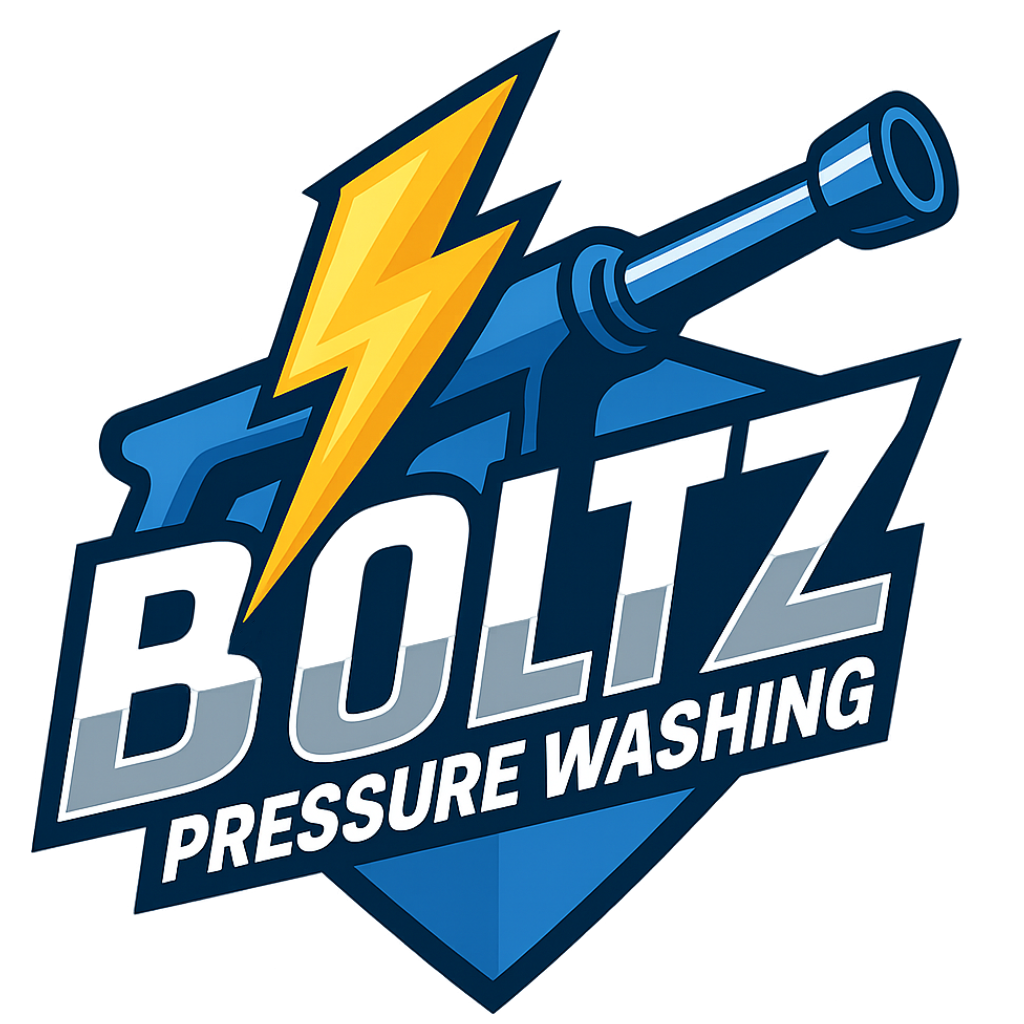 Logo for Bolt Pressure Washing, featuring a blue shield, a yellow lightning bolt, and a pressure washer spray gun.
