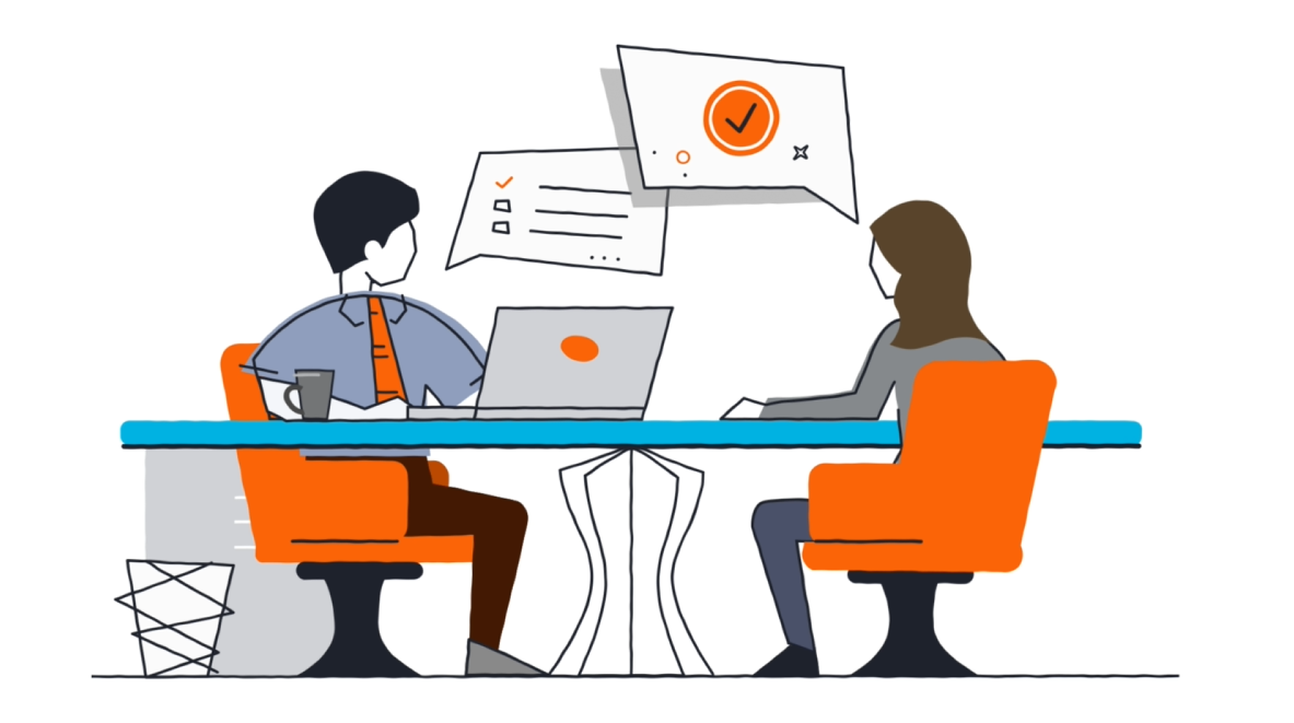 Illustration of two people sitting at a table during a meeting or interview, with speech bubbles showing checkmarks and lists.