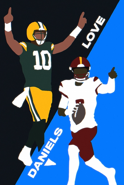 Artwork featuring two American football players, one wearing a green and yellow uniform with the number 10, and the other in a white and maroon uniform holding a football. The background is split diagonally, with the words 'DANIELS' on the left side and 'LOVE' on the right side, expressing admiration for Daniel.