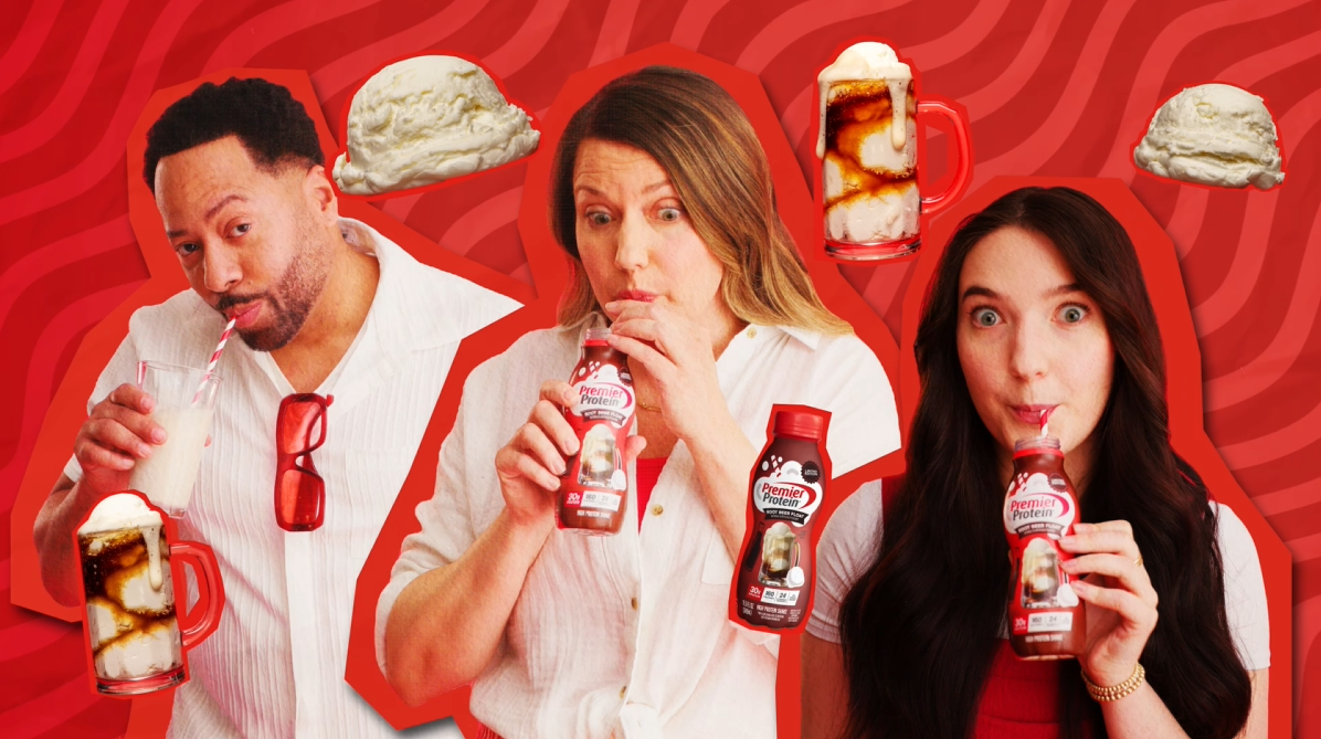 Three people drinking coffee, milk, and a flavored drink with whipped cream, ice, and syrup, surrounded by images of ice cream, whipped cream, and coffee drinks on a red patterned background.